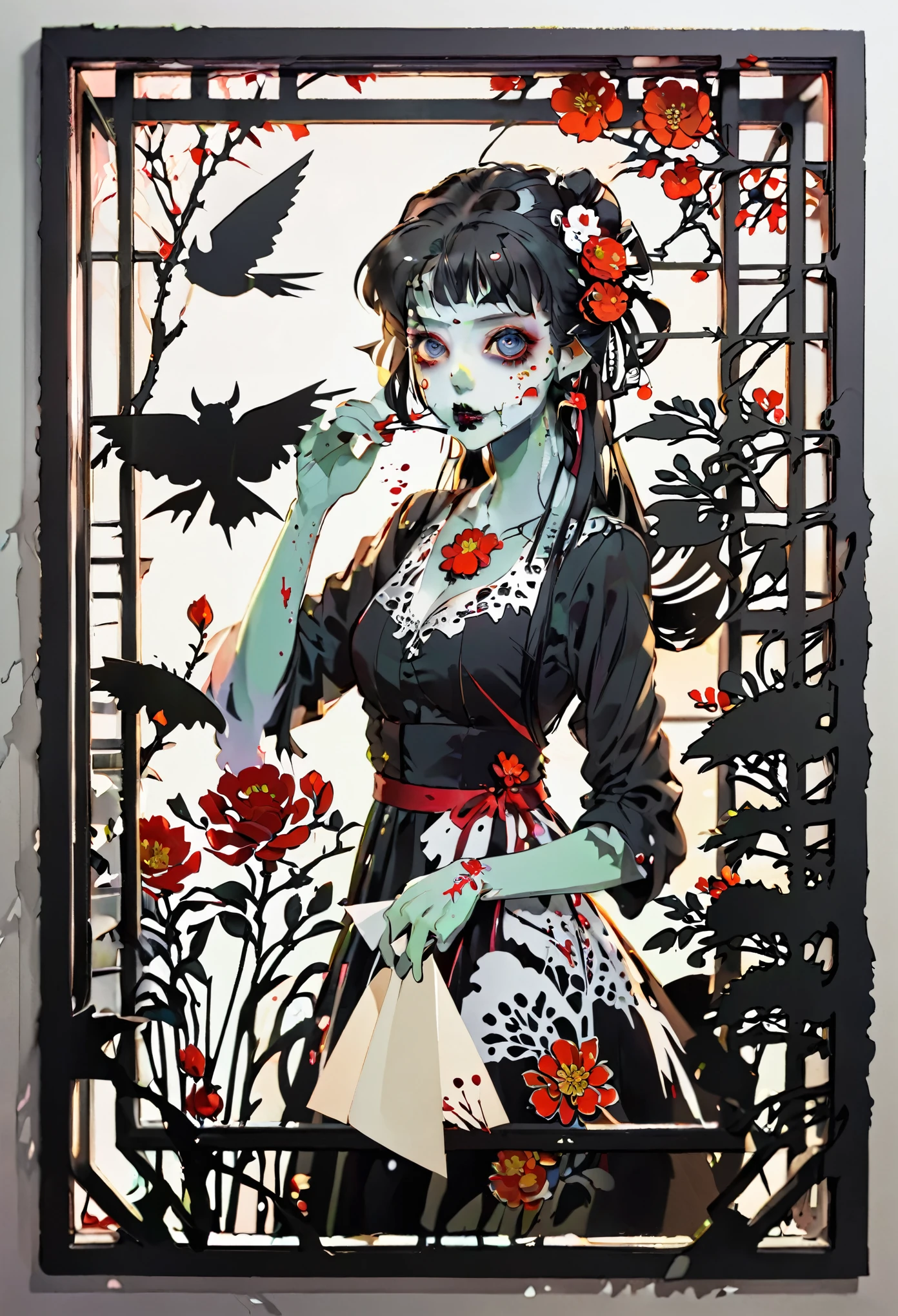 paper cutting style, 1 zombie girl, office