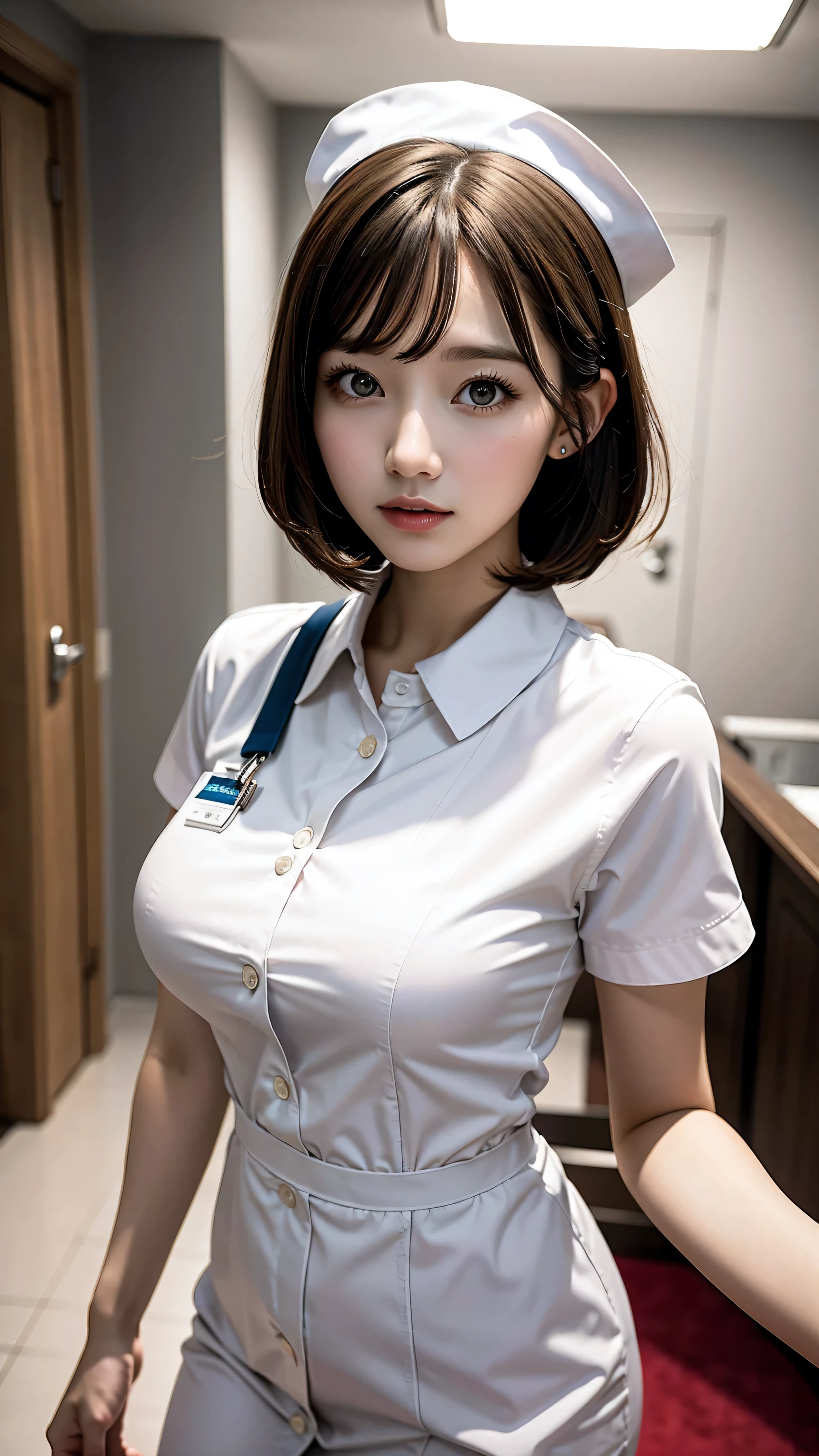 highest quality, masterpiece, Ultra-high resolution, (Reality: 1.4), Original photo, One girl, Nurse uniform, Cinema Lighting, Big Breasts, Cover Chest,　Bobcut