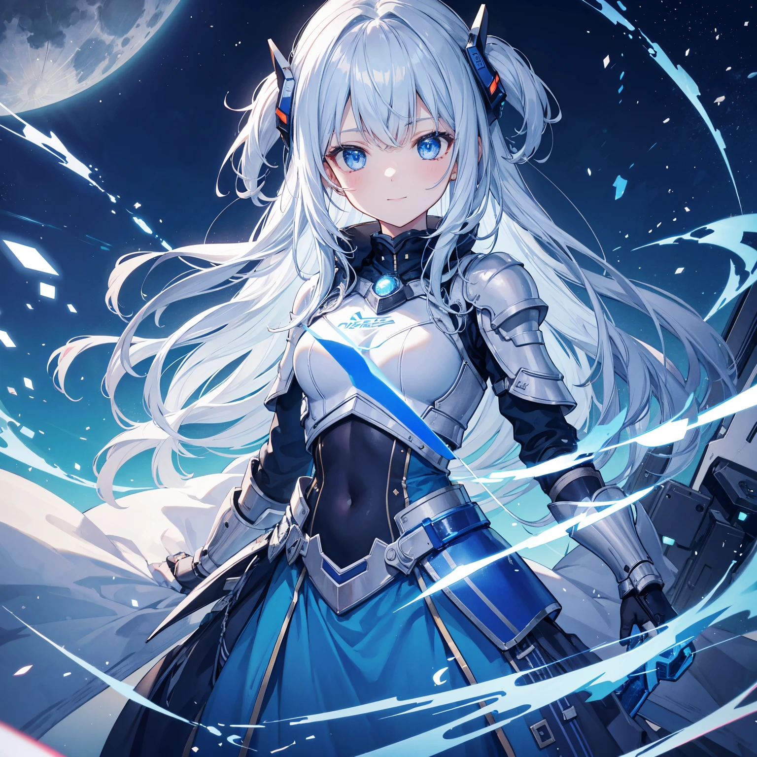 8k, highest quality, (real:1.4), Original photo, 1 girl, Asari Hair, Biological Amplifier, refined armor, posture: Peace talks between warring factions, smart blue eyes,A modest smile、Blue big moon and blue light swirl in the background、Blue light from behind、blue light magic