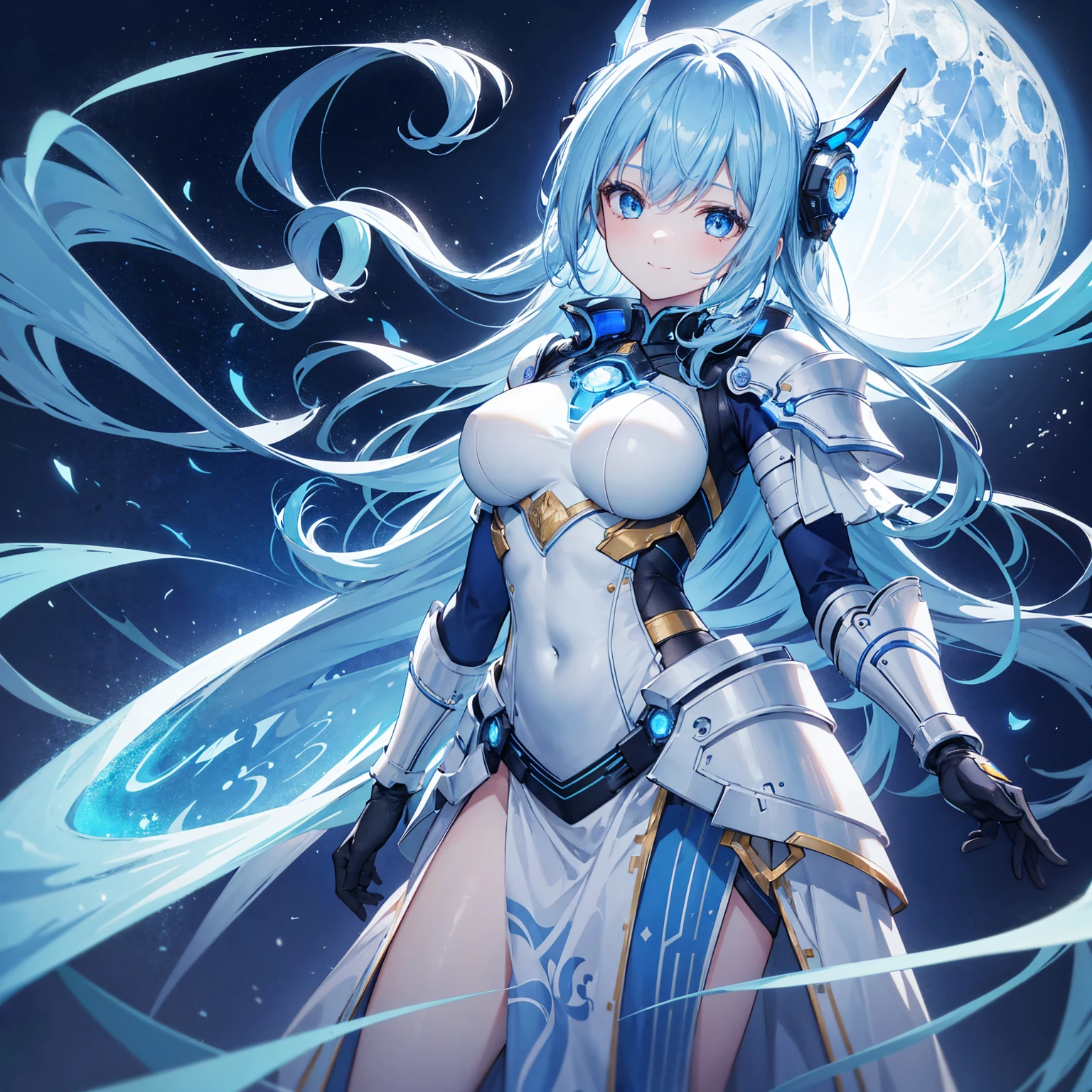 8k, highest quality, (real:1.4), Original photo, 1 girl, Asari Hair, Biological Amplifier, refined armor, posture: Peace talks between warring factions, smart blue eyes,A modest smile、Blue big moon and blue light swirl in the background、Blue light from behind、blue light magic
