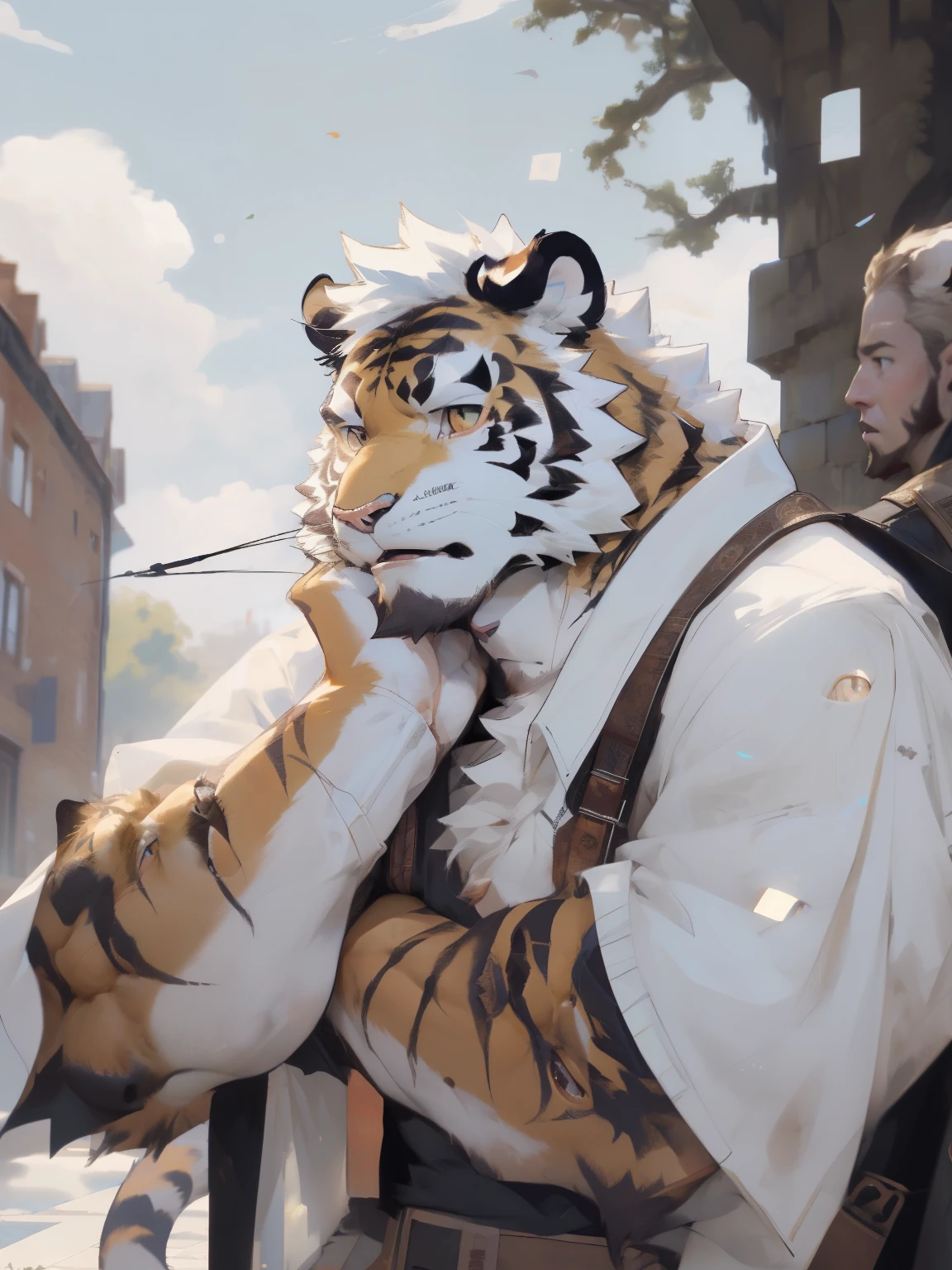 (masterpiece,best quality,Super detailed,Perfect anatomical structure),Detailed background,empty,hairy,cannon, ,Clear focus,白色tiger，By Empty Ghost, rest 阳光,External,campus, Solitary,Solitary ，male,male ,human nature,Cat,tiger,muscular,rest (White fur:1.5,White body:1.5),looking at the audience,Delicateeyes, Dressed,Casual clothing is acceptable when the weather is nice,Golden pupils