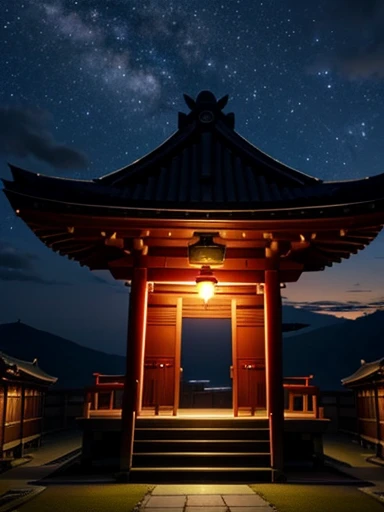 Shrine in the night sky、In the center is a shrine maiden with long black hair