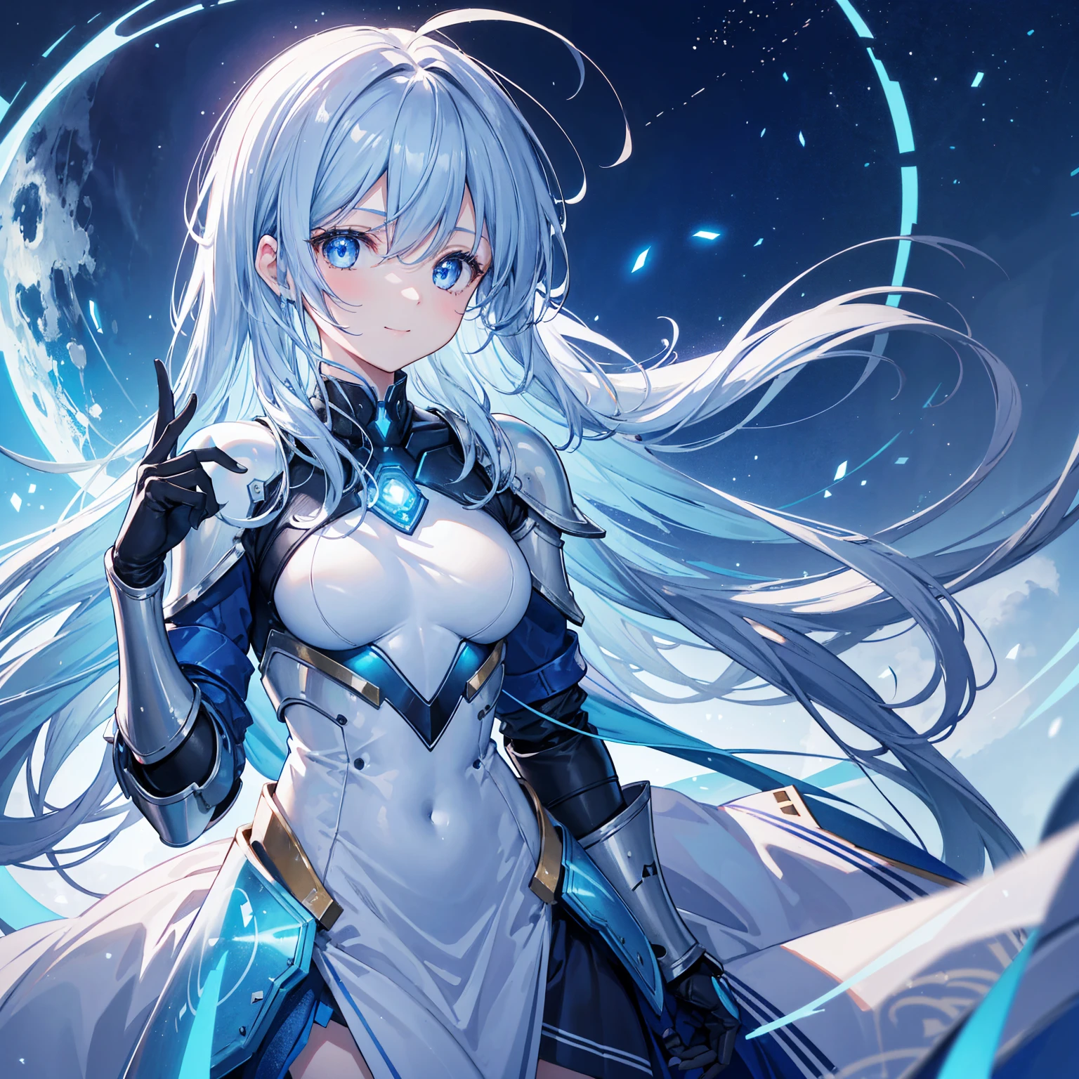 8k, highest quality, (real:1.4), Original photo, 1 girl, Asari Hair, Biological Amplifier, refined armor, posture: Peace talks between warring factions, smart blue eyes,A modest smile、Blue big moon and blue light swirl in the background、Blue light from behind、blue light magic