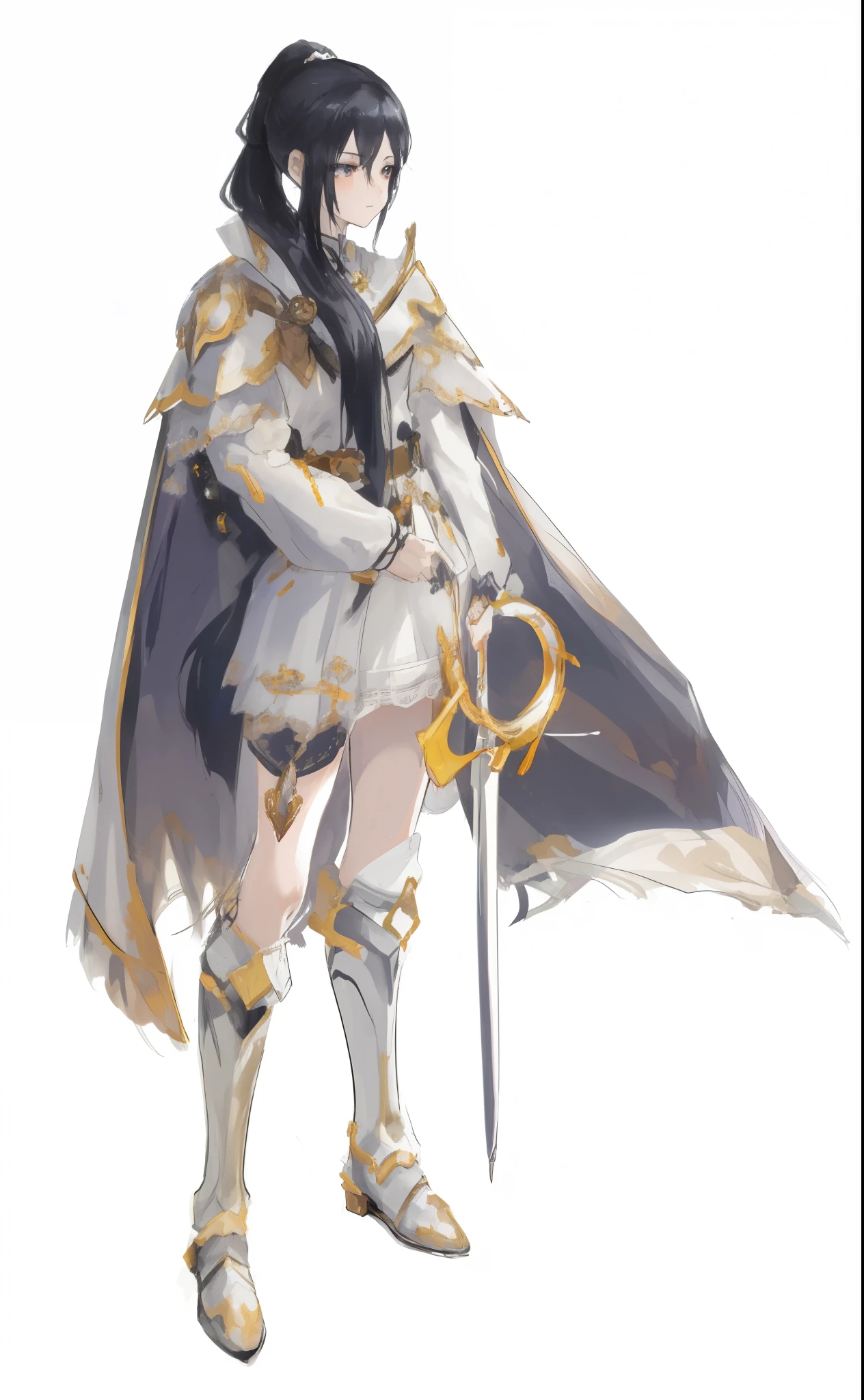 (ponytail forehead hair pulled back:1.3) a woman in a white dress and a black cape holding a sword, cushart krenz key art feminine, intricate white and gold armor, ornate white and gold armour, gold and white cloak, official character art, cleric, lucina from fire emblem, heavy white and golden armor, inspired by Li Chevalier, ( ( character concept art ) )