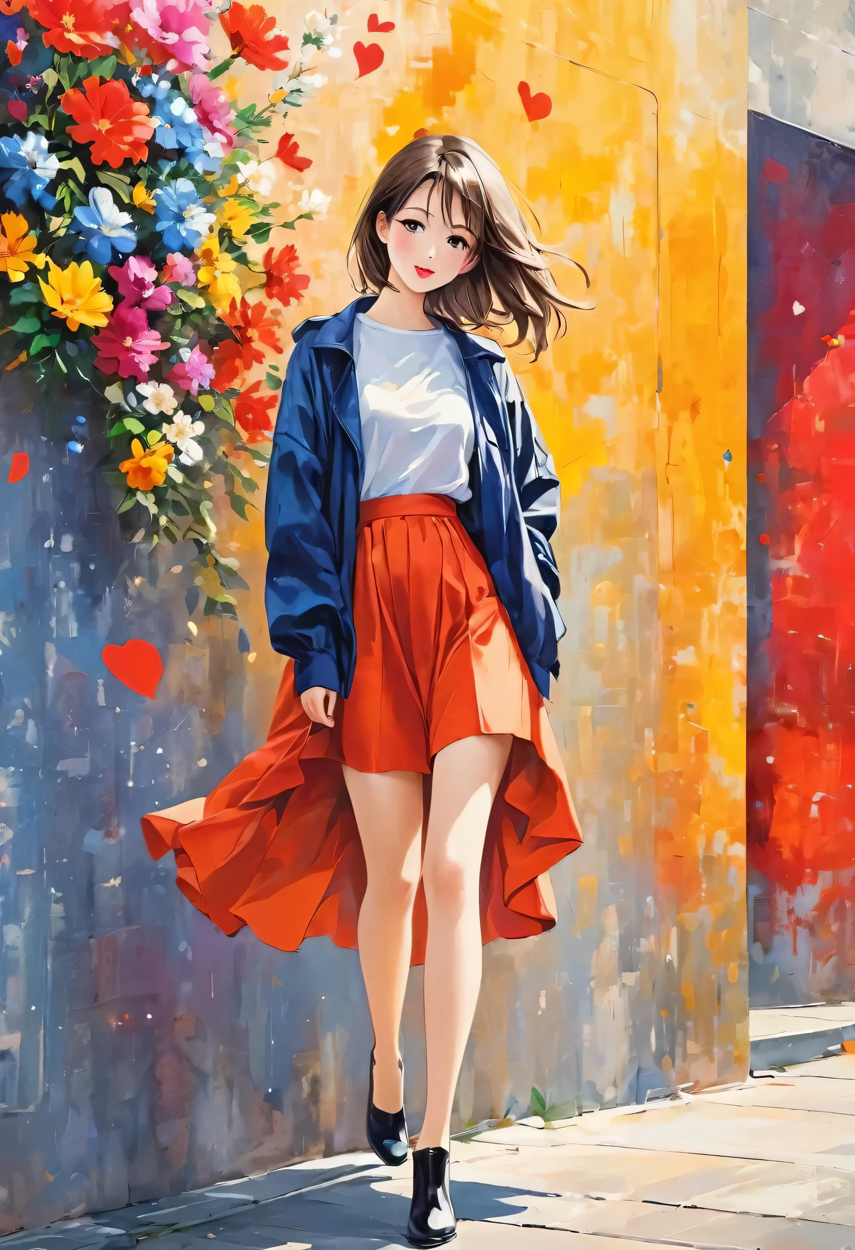 Watase Seizo style, Standing in front of a high wall，Simple Line Initialism，Abstract art，Urban Background, (((The most beautiful girl))), Lips in Love, walking, colorful flowers