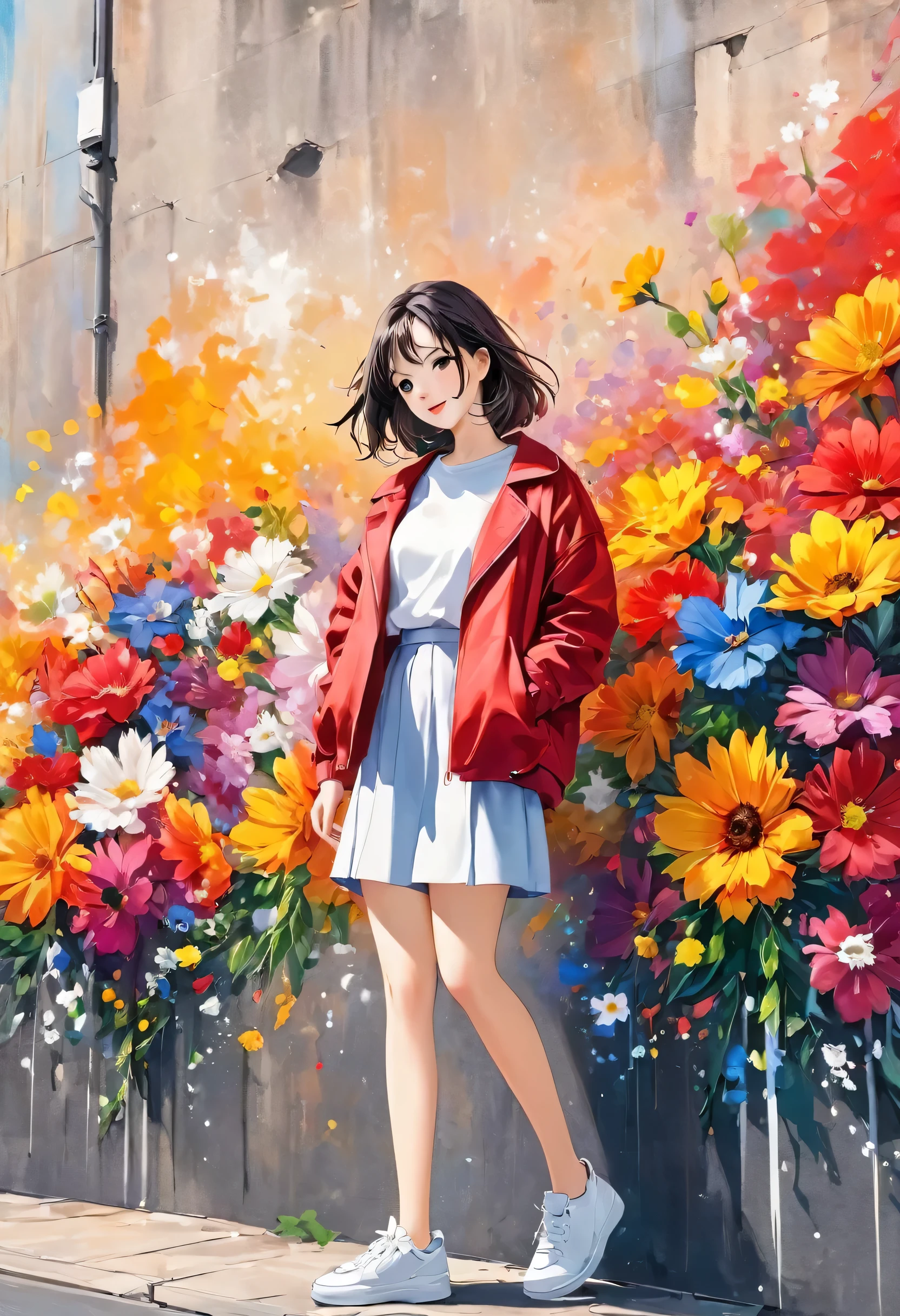 Watase Seizo style, Standing in front of a high wall，Simple Line Initialism，Abstract art，Urban Background, (((The most beautiful girl))), Lips in Love, walking, colorful flowers