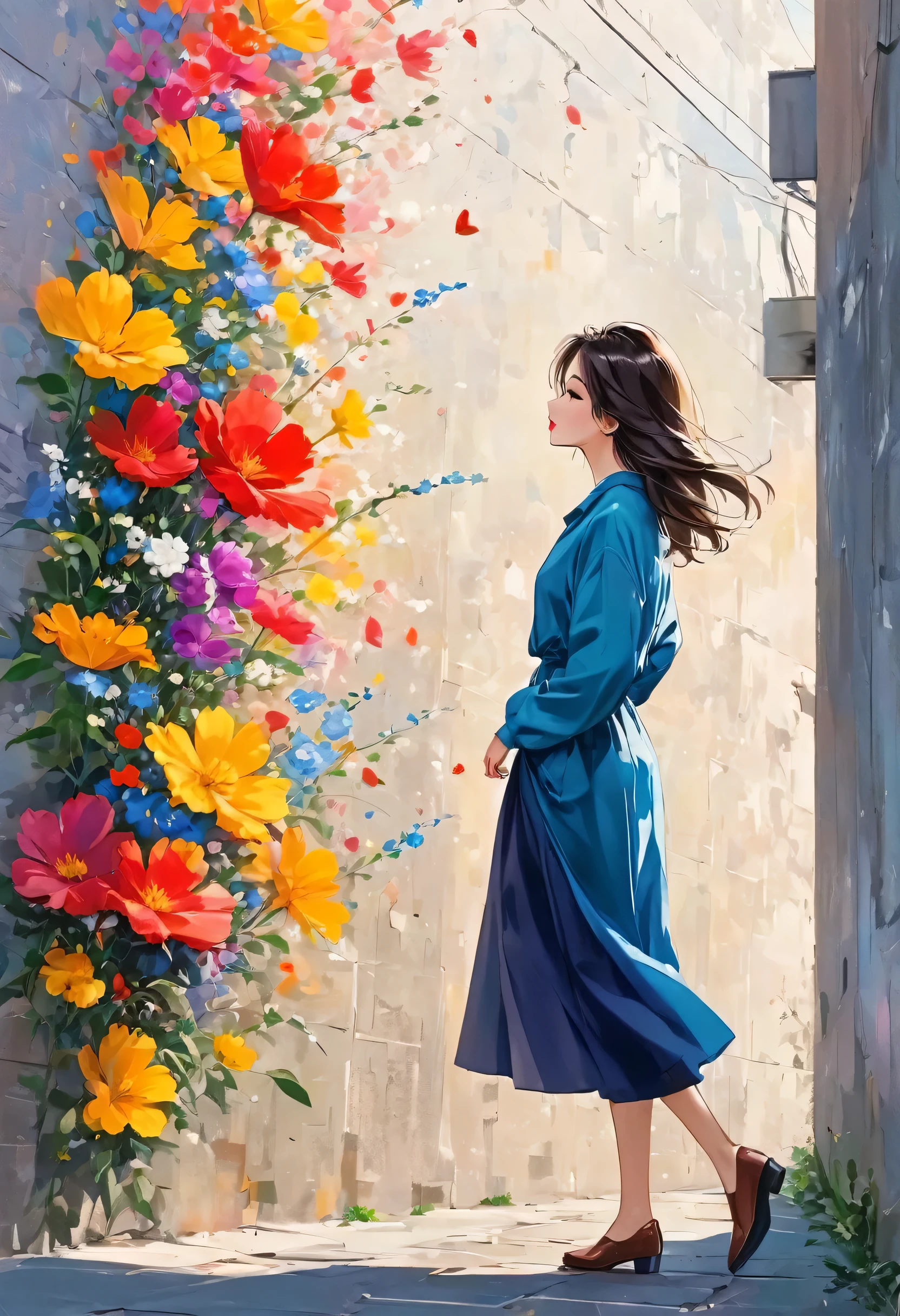 Watase Seizo style, Standing in front of a high wall，Simple Line Initialism，Abstract art，Urban Background, (((The most beautiful girl))), Lips in Love, walking, colorful flowers