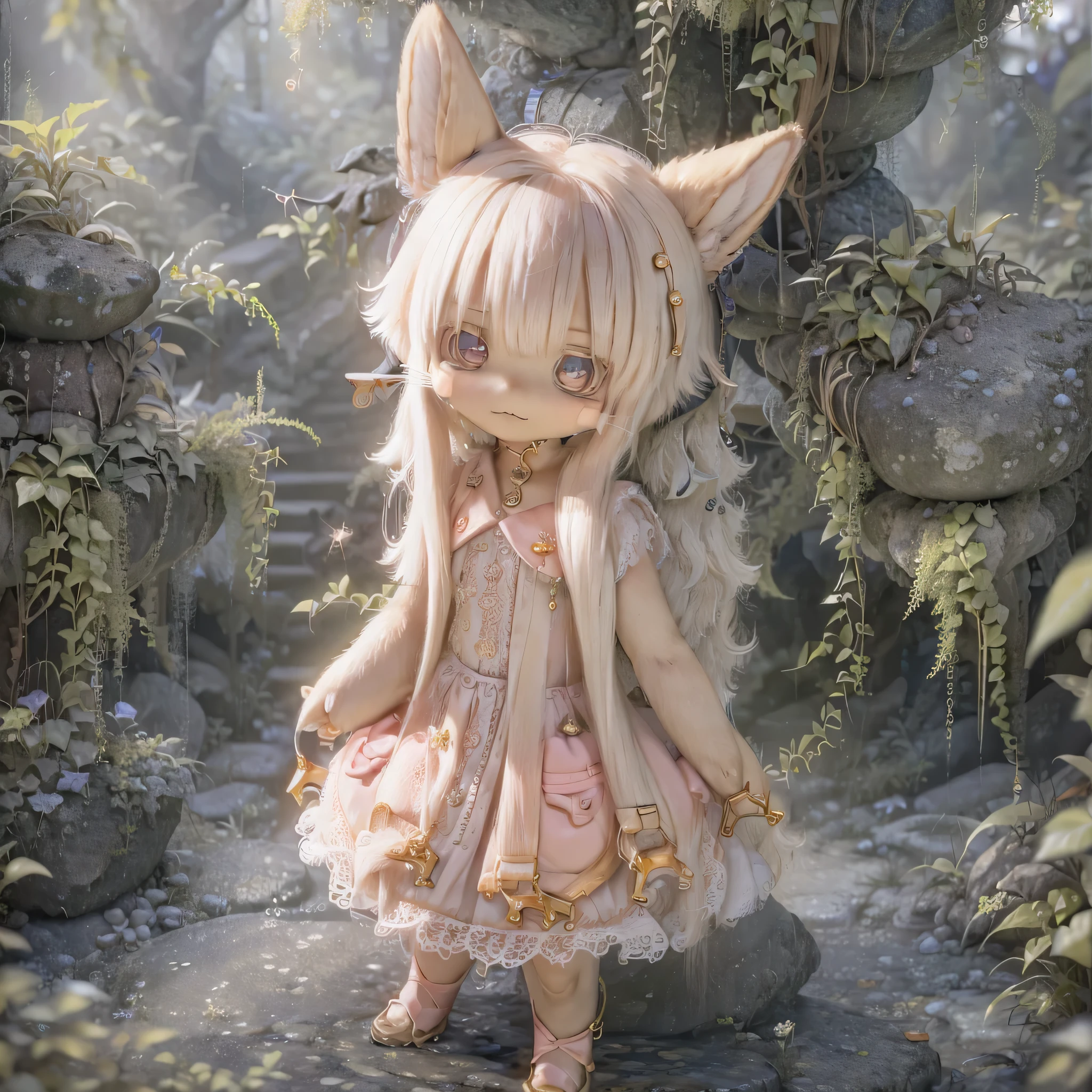 in the garden, Smiling girl, Similar to Nanachi from Made in Abyss. She is beautiful, Beautiful eyes and lips. girl (((Chibi Style,))) . The image quality is of the highest quality, Highly detailed and realistic features. The medium of this work is、Combining illustration and photorealistic rendering.. The colors are vivid、The lighting creates a warm and bright atmosphere。Casual Full Body(((((Cute pink dress)))))Contrasting