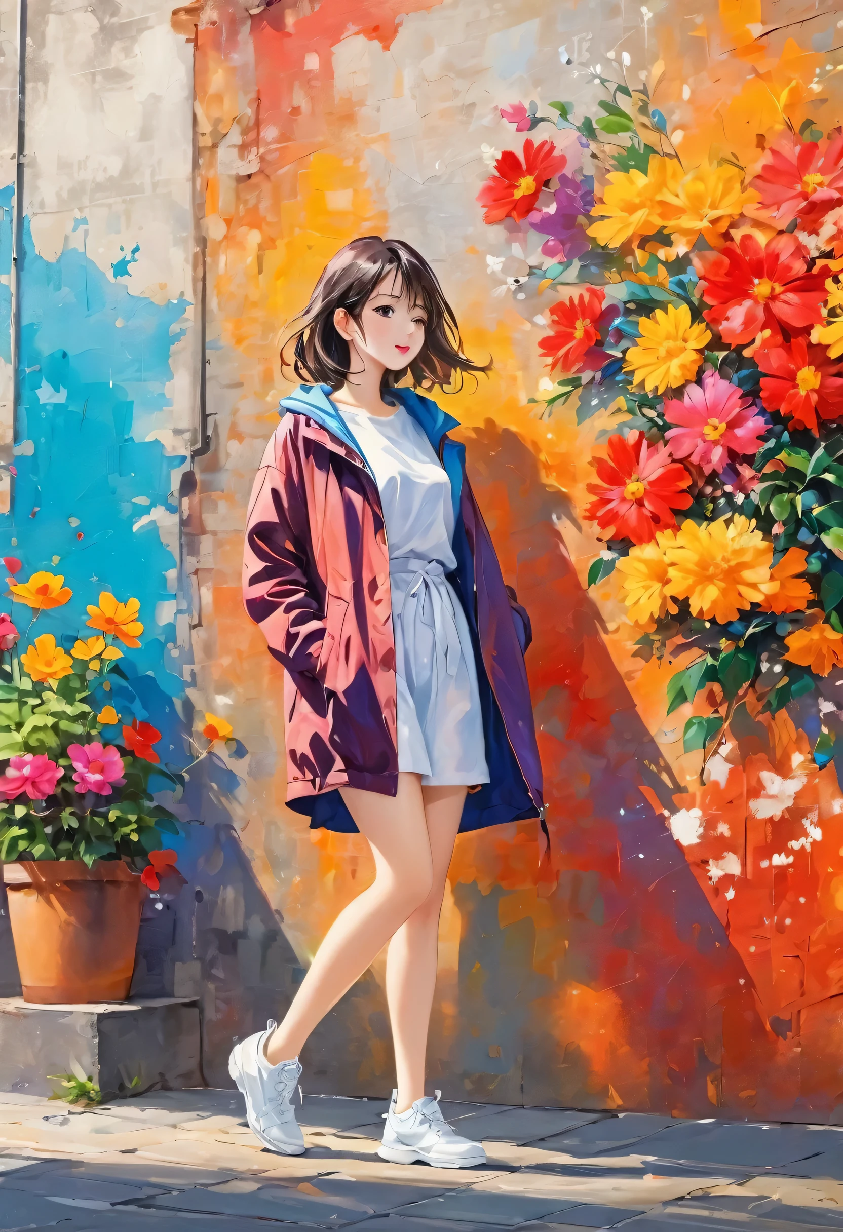 Watase Seizo style, Standing in front of a high wall，Simple Line Initialism，Abstract art，Urban Background, (((The most beautiful girl))), Lips in Love, walking, colorful flowers