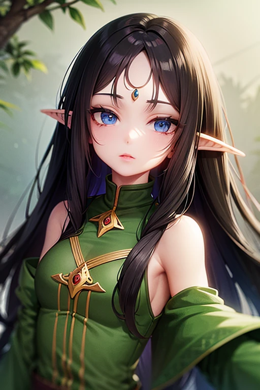 fantasy
female elf
Wood elf
Scar on face
long black hair
green brown clothing
blue eyes
arc
young