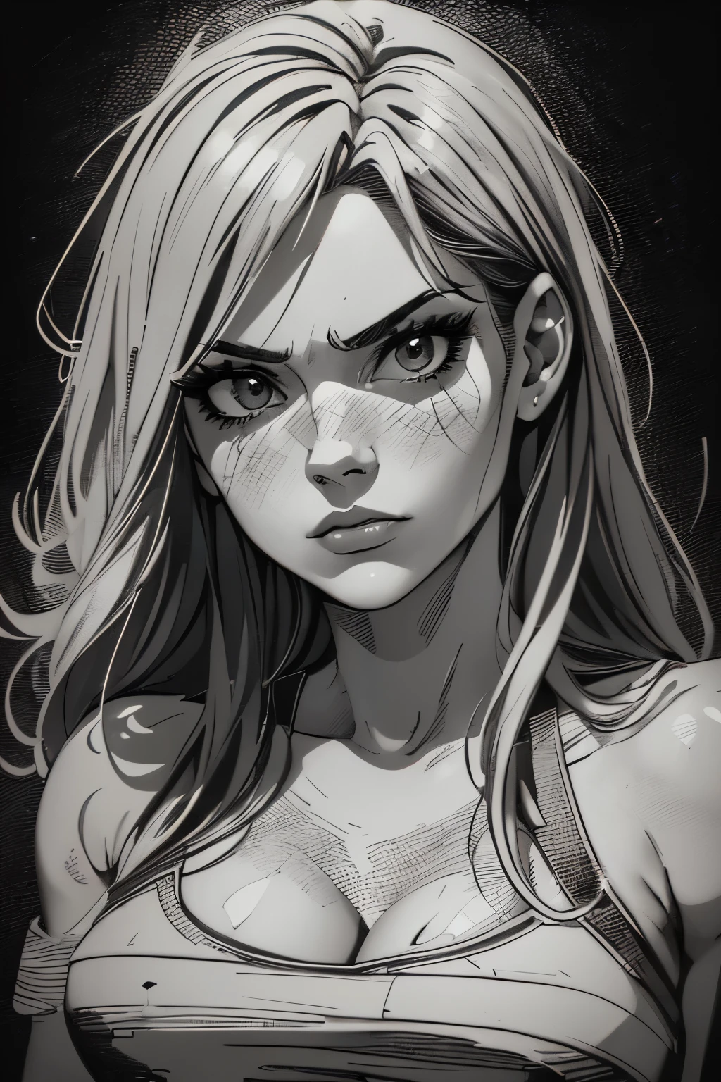 A girl in a mugshot, erza scarlet, sketch, black and white, cute, detailed features, vintage style, high contrast lighting, expressive eyes, tousled hair. (best quality, highres, realistic:1.37), vintage, monochrome, intense gaze, dramatic lighting, rugged background, distressed paper texture, retro vibes, id photo, front view