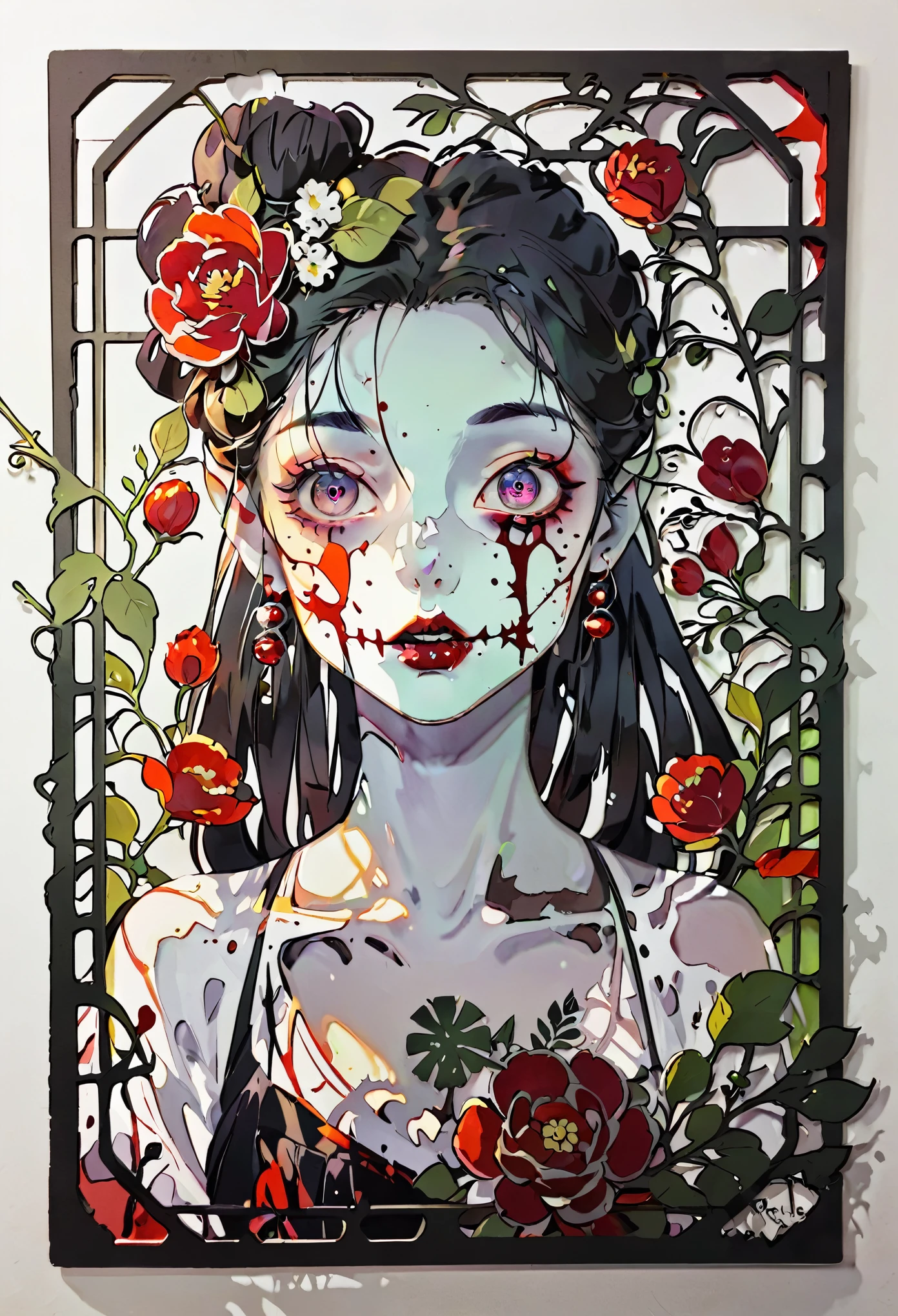 paper cutting style, 1 zombie girl, selfy