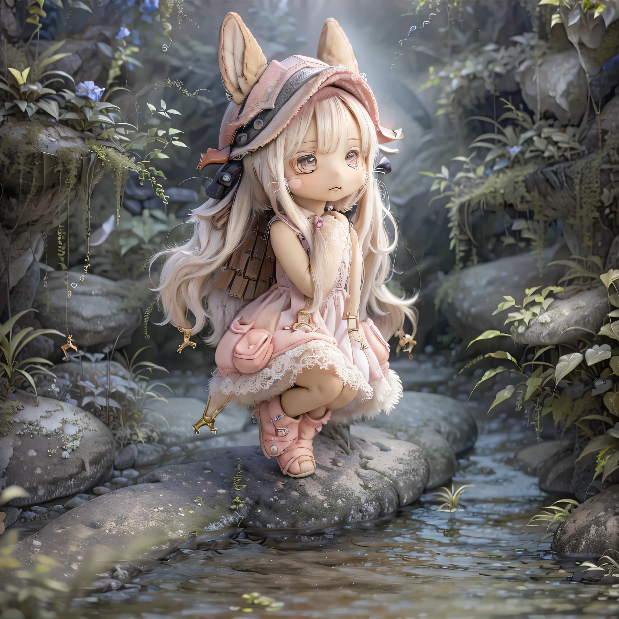 in the garden, Smiling girl, Similar to Nanachi from Made in Abyss. She is beautiful, Beautiful eyes and lips. girl (((Chibi Style,))) . The image quality is of the highest quality, Highly detailed and realistic features. The medium of this work is、Combining illustration and photorealistic rendering.. The colors are vivid、The lighting creates a warm and bright atmosphere。Casual Full Body(((((Cute pink dress)))))Contrasting