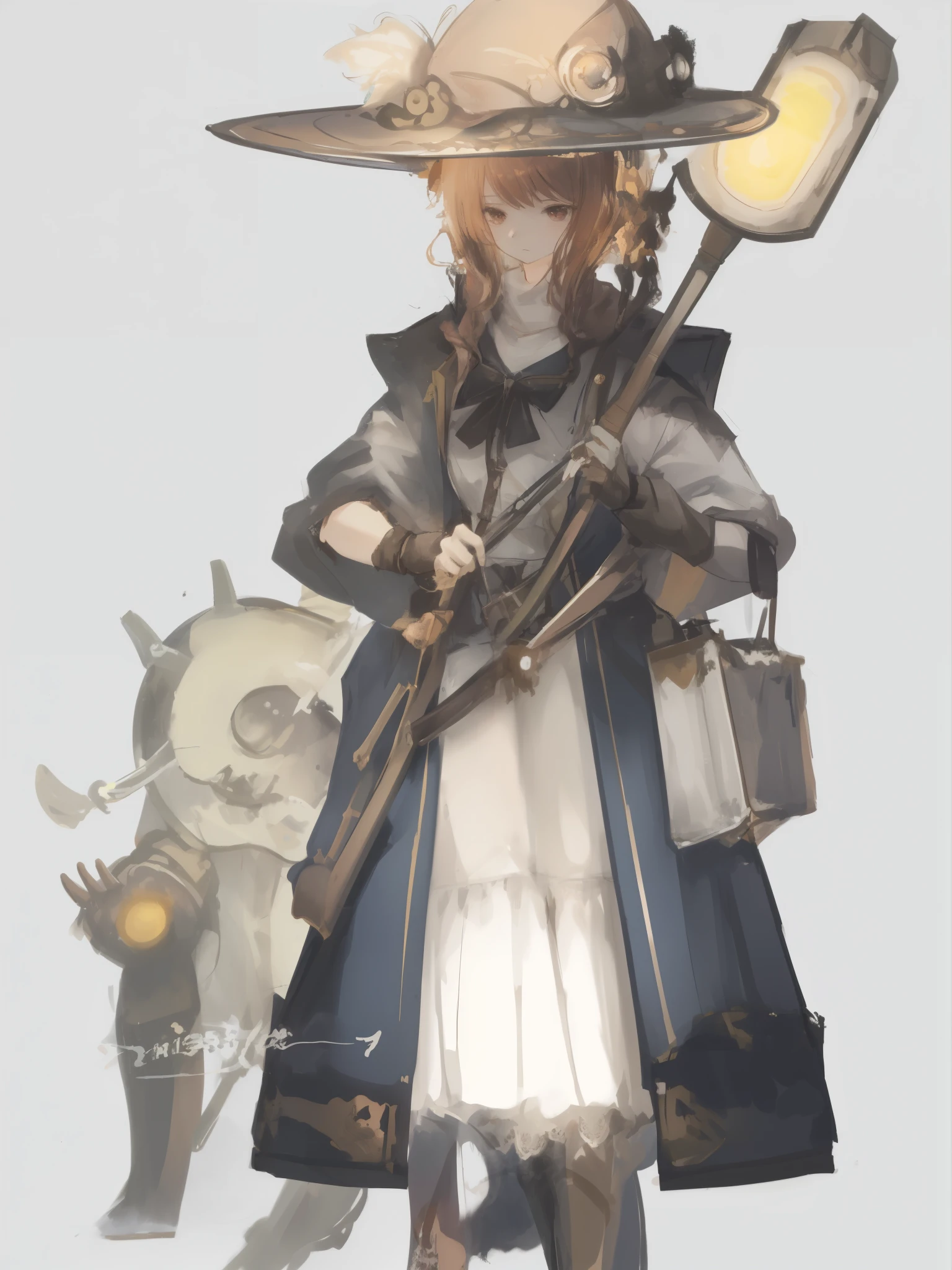 (brown hair swept bangs:1.3), a cartoon image of a woman in a long coat holding a scythe, dressed like a cleric, cleric, octopath traveller style, female cleric, pretty female cleric, marisa kirisame, full portrait of elementalist, mechanized witch girl, fullbody rpg portrait, boris valejo. octopath traveler, detailed full body concept art