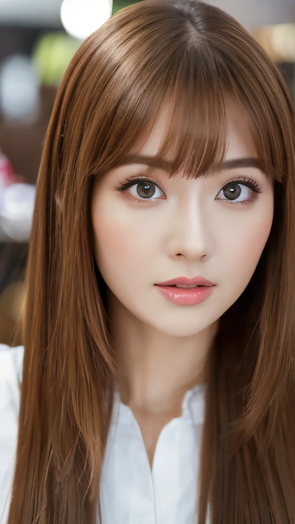 Best quality, 8k, ,Masterpiece :1.3)), facing viewer,((full body1.2)) ,pretty woman, wide shot ,1girl, , selfie , , Hair salon, brown hair , bangs,ultra-detailed face, highly detailed lips, detailed eyes, double eyelid