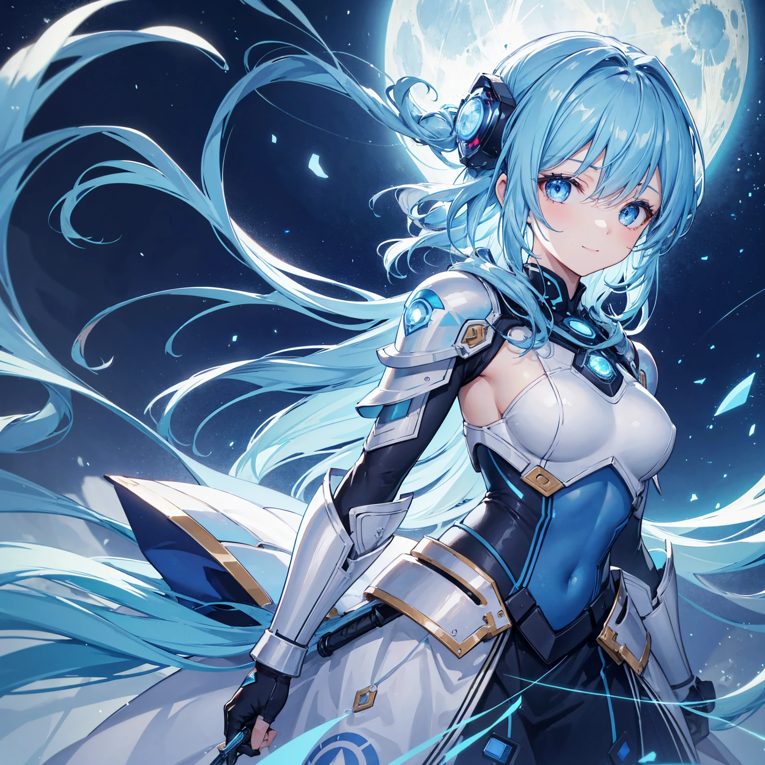 8k, highest quality, (real:1.4), Original photo, 1 girl, Asari Hair, Biological Amplifier, refined armor, posture: Peace talks between warring factions, smart blue eyes,A modest smile、Blue big moon and blue light swirl in the background、Blue light from behind、blue light magic