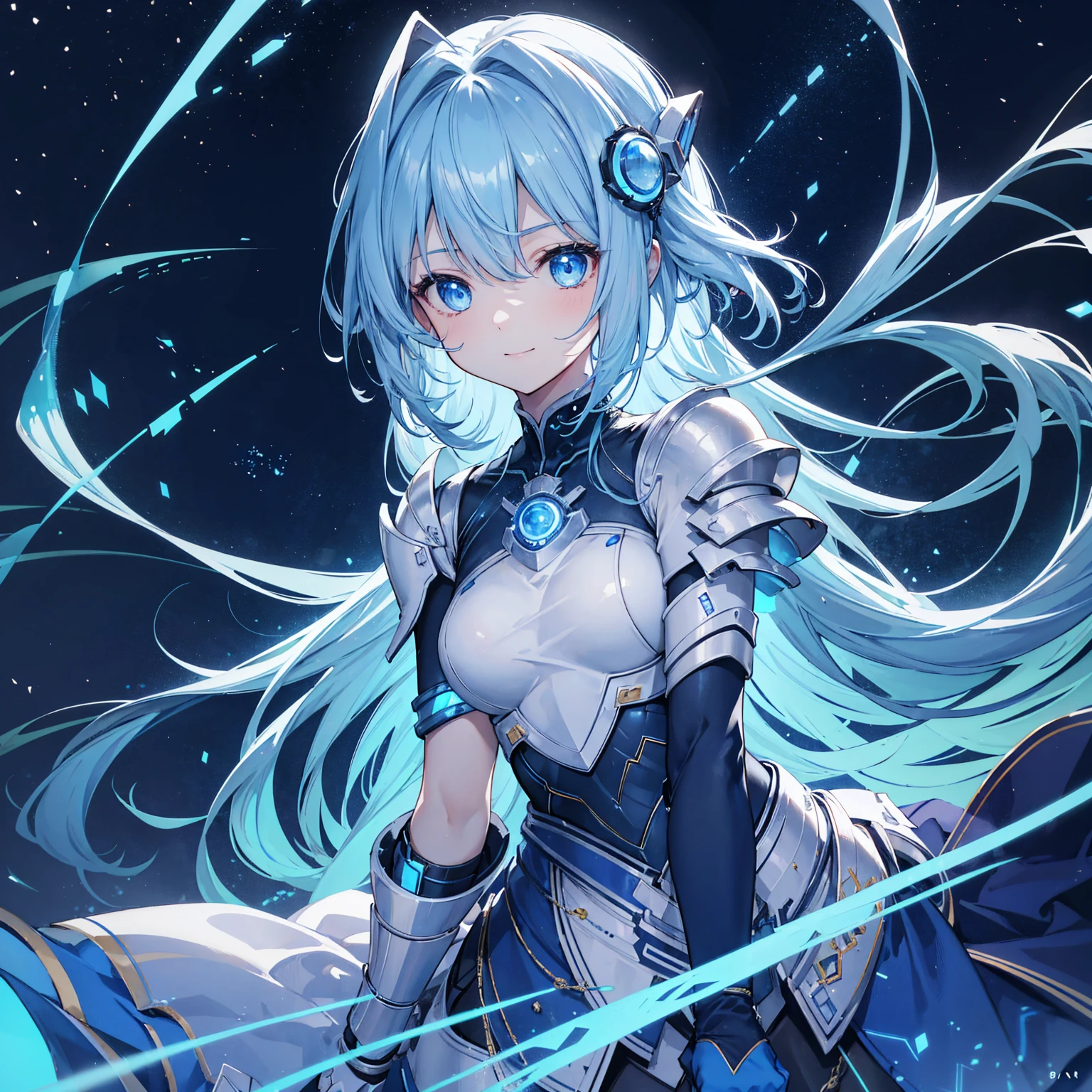 8k, highest quality, (real:1.4), Original photo, 1 girl, Asari Hair, Biological Amplifier, refined armor, posture: Peace talks between warring factions, smart blue eyes,A modest smile、Blue big moon and blue light swirl in the background、Blue light from behind、blue light magic
