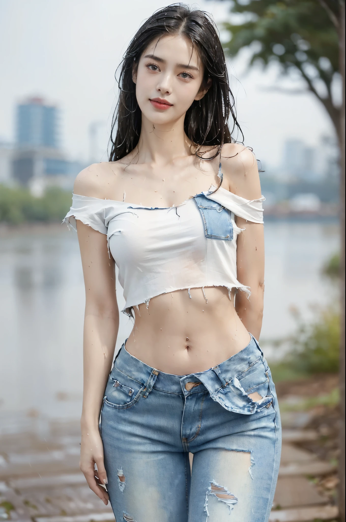 (Extremely meticulous CG),(((8k))),wallpaper,((Extremely refined and beautiful)),(((Masterpiece))),(((best qualtiy))),(((Ultra High Resolution))),beautiful light up,realistic shaded,(Smooth and flawless fair skin:1.5),(Extremely exquisite facial details:1.2),(ultra-detailed:1.5),((a beautiful girl,solo)),(shoulder length straight bob hair:1.2),(wet hair:1.5),(small head:1.2),(slender face:1.2),(Exquisite makeup:1.3),(happy:1.2),(laughing:1.2),(perfect body:1.1),(whole body Covered in sludge:1.3),(wet:1.5),(short sleeves:1.2),(torn shirt:1.3),(small breasts:1.2),(flat chest:1.2),(navel:1.3),(torn denim pants:1.5),((slim,thin)),(from front:1.3),(standing:1.3),(arms behind back:1.2),(On the riverside path:1.5),(Distant urban landscape:1.3),(outdoor:1.3),(early summer:1.3),(day scene:1.3),(rainy:1.3),(overcast:1.5),(upper body:1.3)