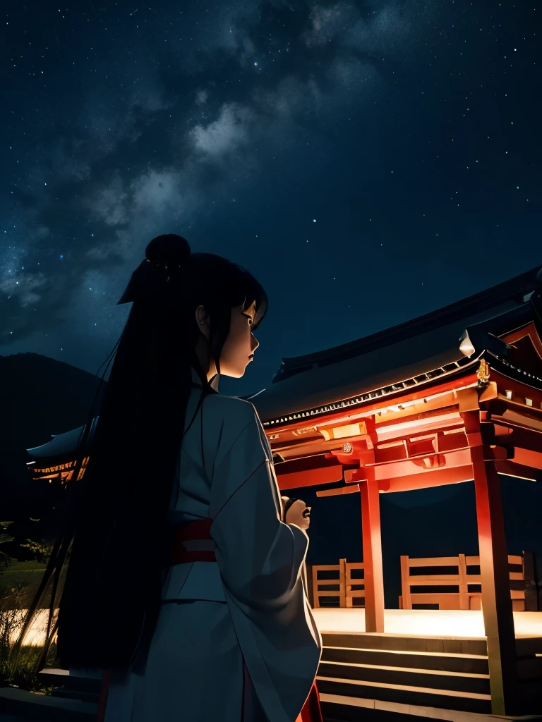 Shrine in the night sky、In the center is a shrine maiden with long black hair