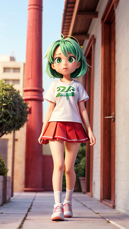Young high school girl,cute,4 head tall,one person3D character,anime character,cartoon rendering, green hair,wearing white t-shirt,red mini skirt, full body,facing forward