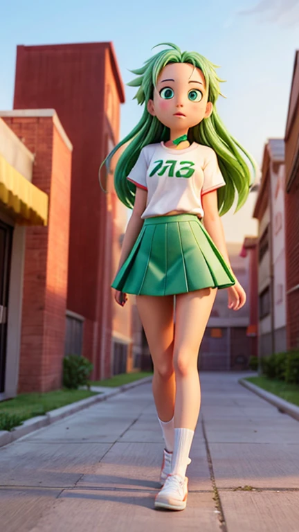 Young high school girl,cute,4 head tall,one person3D character,anime character,cartoon rendering, green hair,wearing white t-shirt,red mini skirt, full body,facing forward