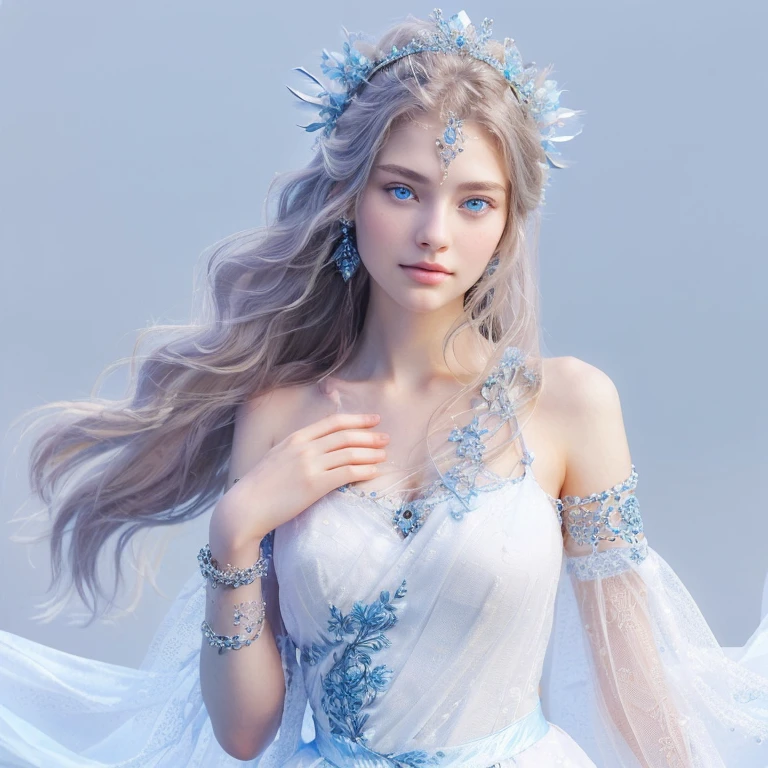 Female Beautiful Face, Soft Face, Elegant, Long Hair, Blue Eyes, Light Blue Eyes, Close Up, Intricate Details, Detailed Textures, Fine Details, Front Face , female natural body,very beautiful young female face,