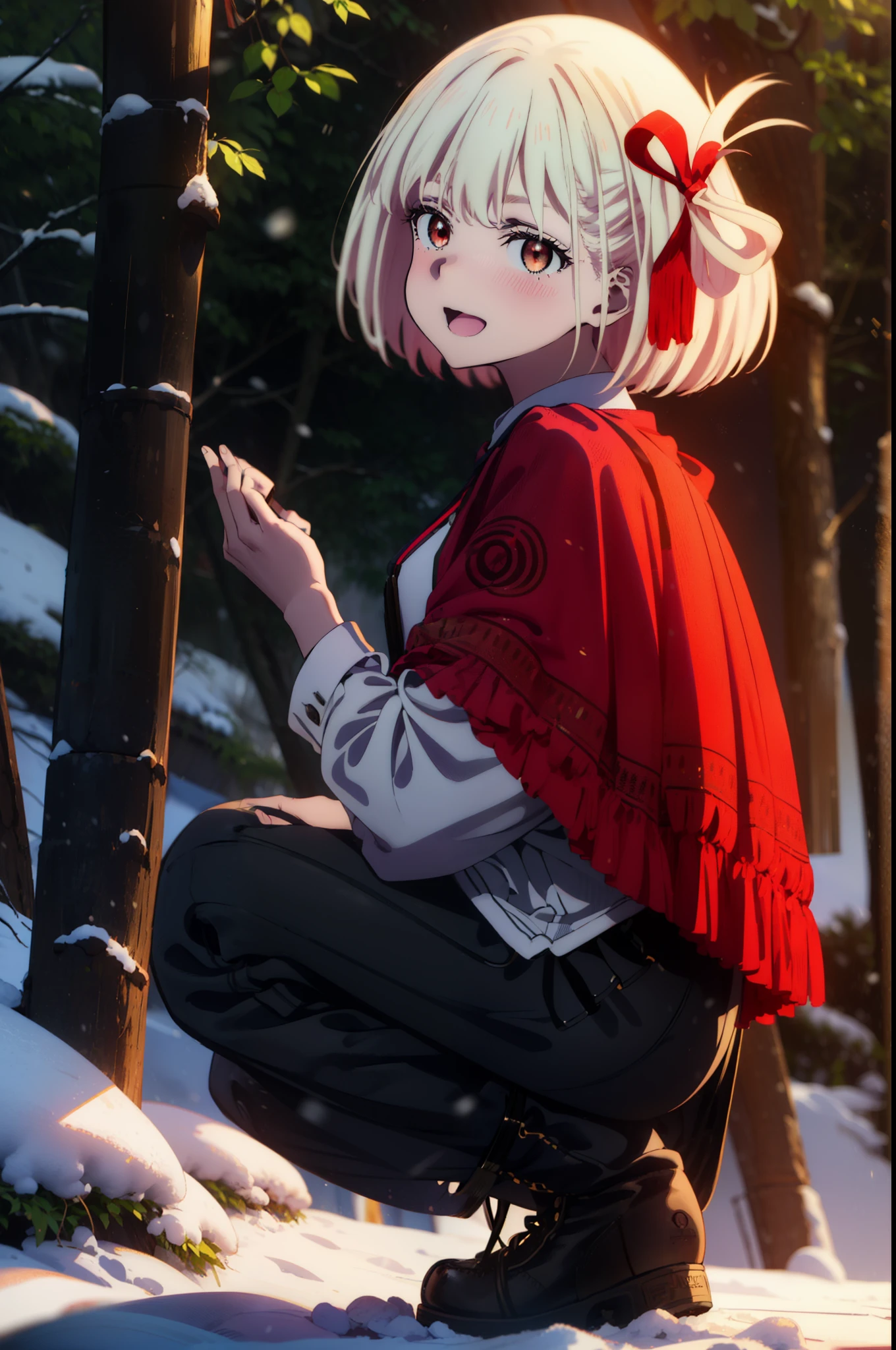 chisatonishikigi, Chisato Nishikigi, short hair, bangs, blonde, (Red eyes:1.5), Hair Ribbon, One side up, Bobcut,smile,blush,happy smile, smile, Open your mouth,
White Breath, Open your mouth,snow, Ground bonfire, Outdoor, boots, snowing, From the side, wood, suitcase, Cape, Blurred, Increase your meals, forest, White handbag, nature, Squat, Mouth closed, フードed Cape, winter, Written boundary depth, Black shoes, red Cape break looking at viewer, Upper Body, whole body, break Outdoor, forest, nature, break (masterpiece:1.2), highest quality, High resolution, unity 8k wallpaper, (shape:0.8), (Beautiful and beautiful eyes:1.6), Highly detailed face, Perfect lighting, Highly detailed CG, (Perfect hands, Perfect Anatomy),