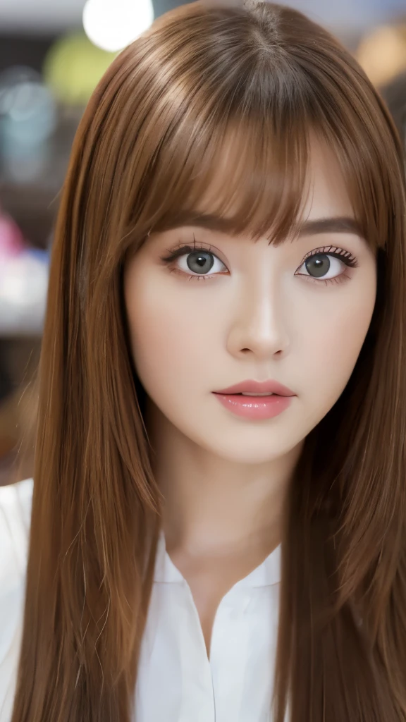 Best quality, 8k, ,Masterpiece :1.3)), facing viewer,((full body1.2)) ,pretty woman, wide shot ,1girl, , selfie , , Hair salon, brown hair , bangs,ultra-detailed face, highly detailed lips, detailed eyes, double eyelid