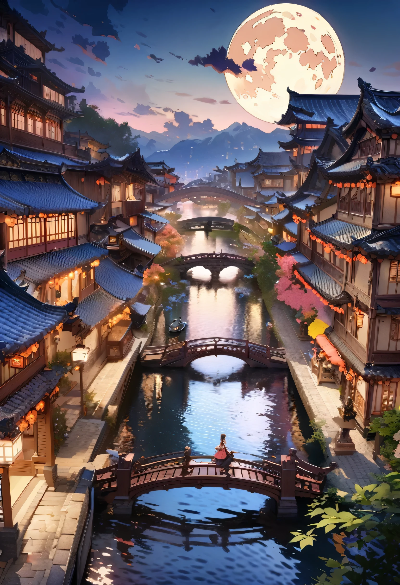 (masterpiece, highest quality, figure, The finer details), ((Highly Detailed CG Unity 8K Wallpaper, High resolution)), High chroma, low brightness, Concept Art, ((unmanned)), (landscape), (Water flow on a small bridge), (Jiangnan Water Town), null, night, (full moon), cloud, Outdoor, architecture, river, Suzhou Garden