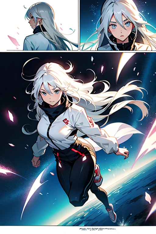 Anime girl with long white hair jumping , manga page with panels and dialogue