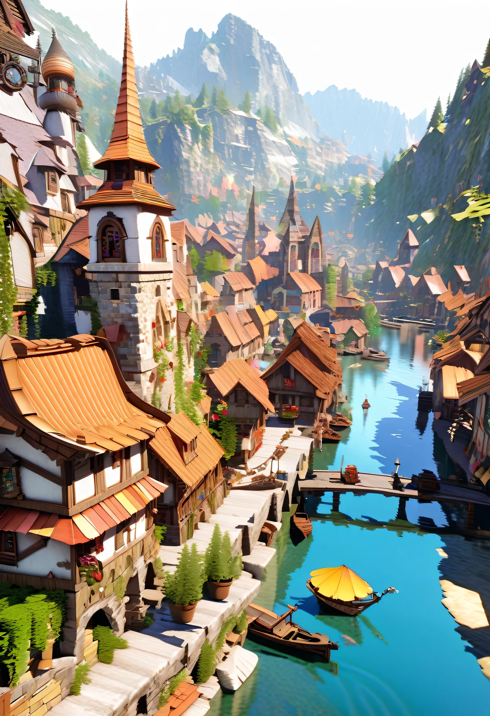 Fantasy painting of a riverside village, Render in Cinema4D, Bulbous, Precise nautical details, Creative character design, Whimsical cartoon style, 32k uhd --ar 2:1