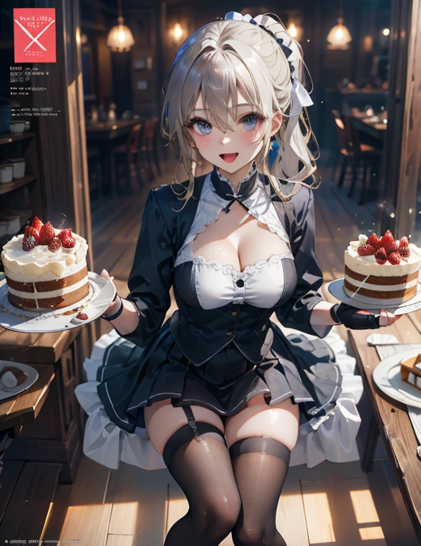 1 girl, small nose, very beautiful detailed face and eyes, bright colors, cute face, delicate beautiful face, Bright magenta eyes, cute eyes, sparkling eyes, Big eyes, (big breasts:1.3), (perky chest:1.1), (pointed chest:1.0), (cake magazine cover:1.3),highest quality, WorKs of masters, High resolution,BlacK color hair,shiny hair, side ponytail,hair between eyes,bangs, (black jacket, real clothes, cleavage, black skirts, black thighhighs, thigh strap, fingerless gloves, single glove:1.2) , spread legs, panties shot, medium hips, glamorous body, white skin, smile, thin pubric hair, super beautiful face, Super beautiful eyes, Super beautiful hair,trendy outfit,sexy and attractive,full body esbian, Real World, Natural light,perfect Natural light,(with sparkling eyes and a contagious smile), This masterpiece is not only visually stunning but also tells, make of cake cooking , in the kitchen, open mouth, looking at viewer,