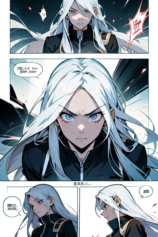 Anime girl with long white hair angry , manga page with panels and dialogue