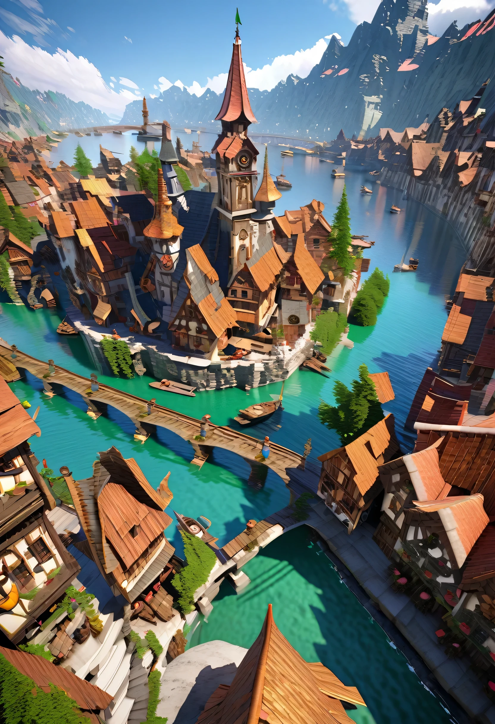 Fantasy painting of a riverside village, Render in Cinema4D, Bulbous, Precise nautical details, Creative character design, Whimsical cartoon style, 32k uhd --ar 2:1