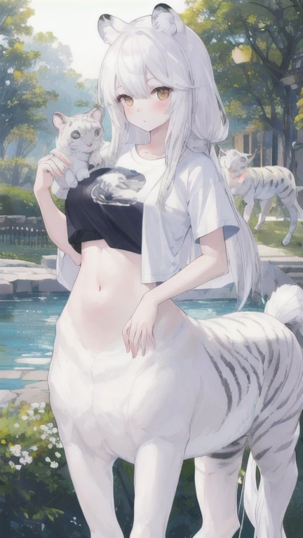 (best quality, masterpiece), 1 girl, centaur, It takes, White skin, belly button t-shirt, 아름다운 소녀 perfect white tiger photo, perfect white tiger photo