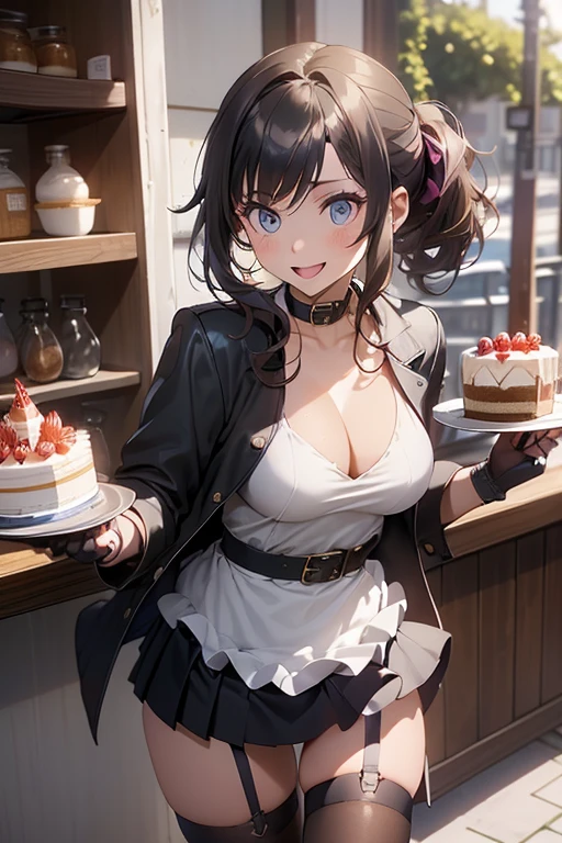 1 girl, small nose, very beautiful detailed face and eyes, bright colors, cute face, delicate beautiful face, Bright magenta eyes, cute eyes, sparkling eyes, Big eyes, (big breasts:1.3), (perky chest:1.1), (pointed chest:1.0), (cake magazine cover:1.3),highest quality, WorKs of masters, High resolution,BlacK color hair,shiny hair, side ponytail,hair between eyes,bangs, (black jacket, real clothes, cleavage, black skirts, black thighhighs, thigh strap, fingerless gloves, single glove:1.2) , spread legs, panties shot, medium hips, glamorous body, white skin, smile, thin pubric hair, super beautiful face, Super beautiful eyes, Super beautiful hair,trendy outfit,sexy and attractive,full body esbian, Real World, Natural light,perfect Natural light,(with sparkling eyes and a contagious smile), This masterpiece is not only visually stunning but also tells, make of cake cooking , in the kitchen, open mouth, looking at viewer,