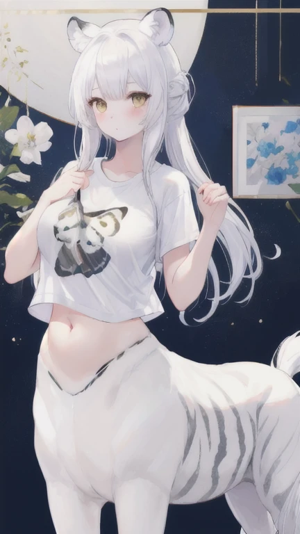 (best quality, masterpiece), 1 girl, centaur, It takes, Undressed ,belly button t-shirt, 아름다운 소녀 perfect white tiger photo, perfect white tiger photo