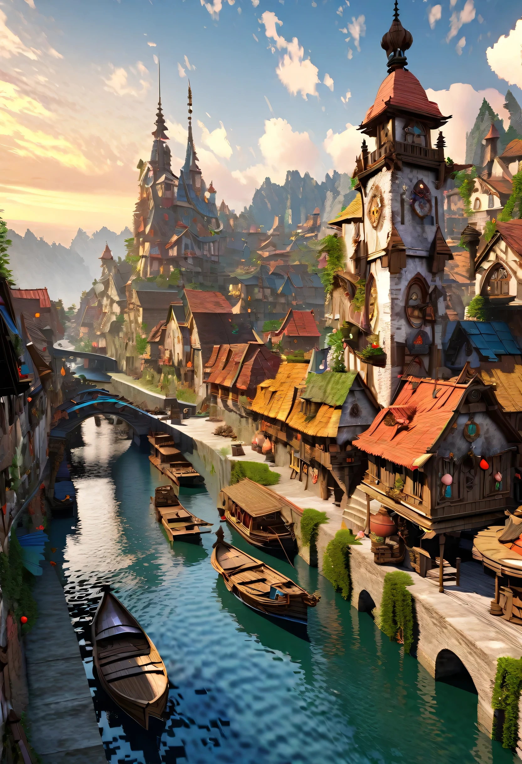 Fantasy painting of a riverside village, Render in Cinema4D, Bulbous, Precise nautical details, Creative character design, Whimsical cartoon style, 32k uhd --ar 2:1