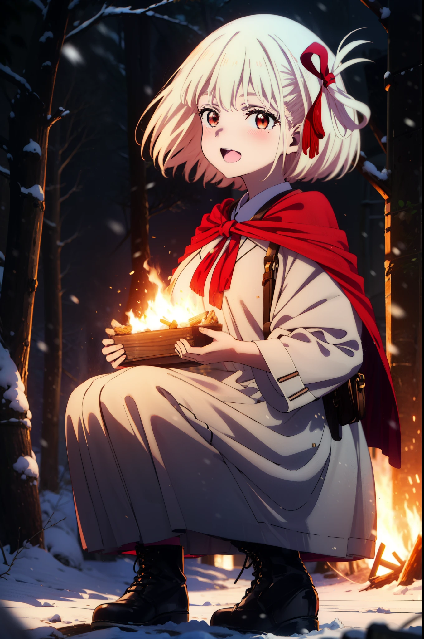 chisatonishikigi, Chisato Nishikigi, short hair, bangs, blonde, (Red eyes:1.5), Hair Ribbon, One side up, Bobcut,smile,blush,happy smile, smile, Open your mouth,
White Breath, Open your mouth,snow, Ground bonfire, Outdoor, boots, snowing, From the side, wood, suitcase, Cape, Blurred, Increase your meals, forest, White handbag, nature, Squat, Mouth closed, フードed Cape, winter, Written boundary depth, Black shoes, red Cape break looking at viewer, Upper Body, whole body, break Outdoor, forest, nature, break (masterpiece:1.2), highest quality, High resolution, unity 8k wallpaper, (shape:0.8), (Beautiful and beautiful eyes:1.6), Highly detailed face, Perfect lighting, Highly detailed CG, (Perfect hands, Perfect Anatomy),