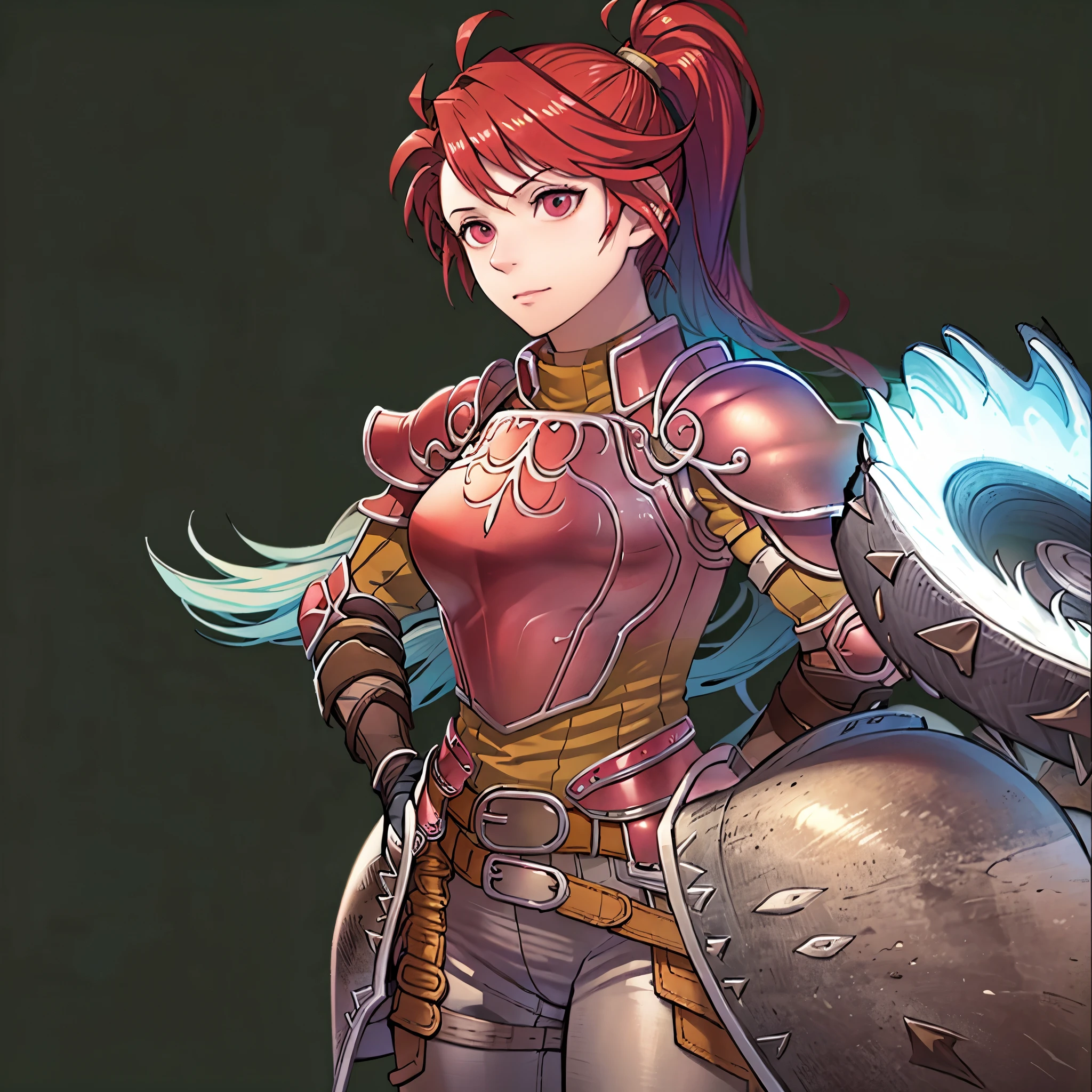 (Simple Background, Green Background:1.3), Masterpiece, solo, 1girl, upper body, jill fe, long hair, gloves, ponytail, boots, belt, pants, armor, shoulder armor, pauldrons, breastplate, red armor