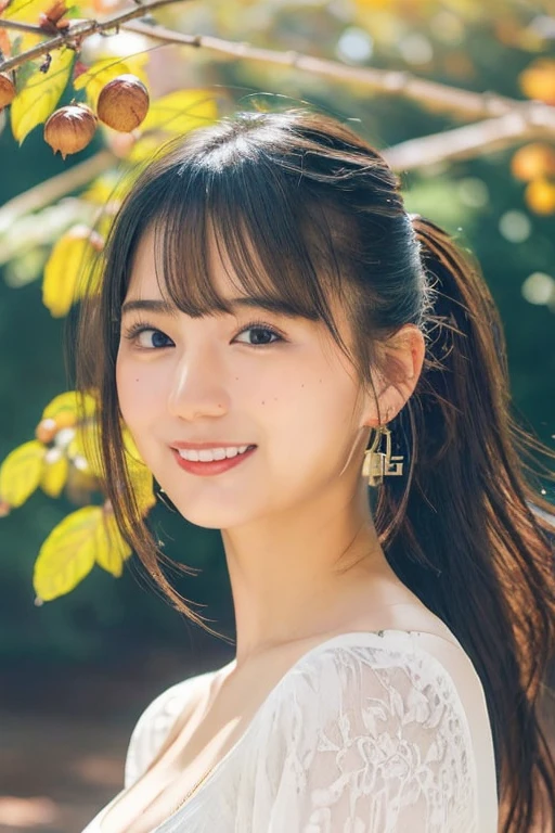 (A hyper-realistic), (illustratio), (hight resolution), (8K), (ighly detailed), (The best illustrationeautiful detailed eyes), (top-quality), (ultra-detailliert), (​masterpiece), (wall-), (Detailed face), (beautiful smiling face)、(Beautiful face)、long、Earrings with bangs、solo、(((Cute Japan Beautiful Girl)))、  Japan beautiful girl 25 years old))、 ((Baby face))、(((G Cup Big)))agitation、real looking skin、Hair fluttering in the wind、date、autumnal、Colored leaves beautiful autumnnal background、、Cute clothes、Ponytail hair、Cleavage、whole body