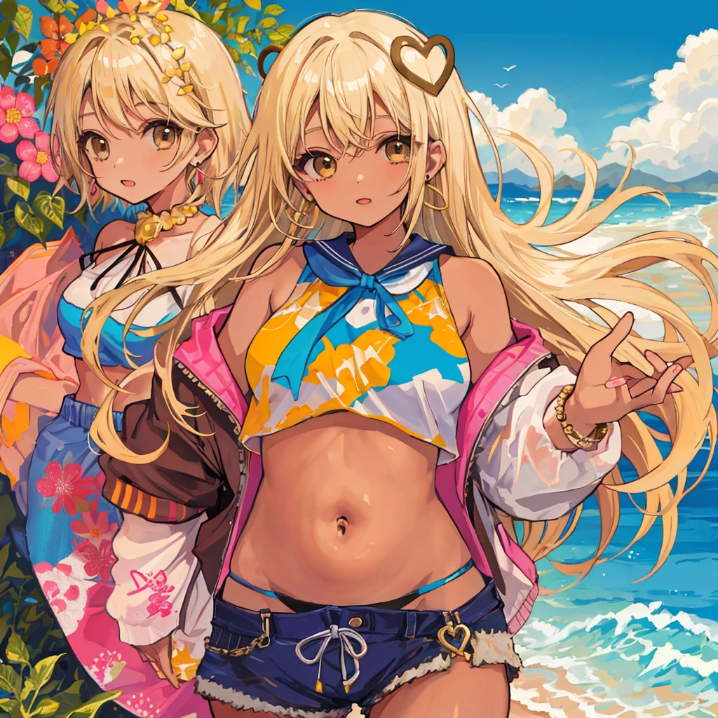 Teenage Girl，belly button、Shorts、Blonde、Gal Makeup，Earrings，(Brown Skin)，With the coast in the background