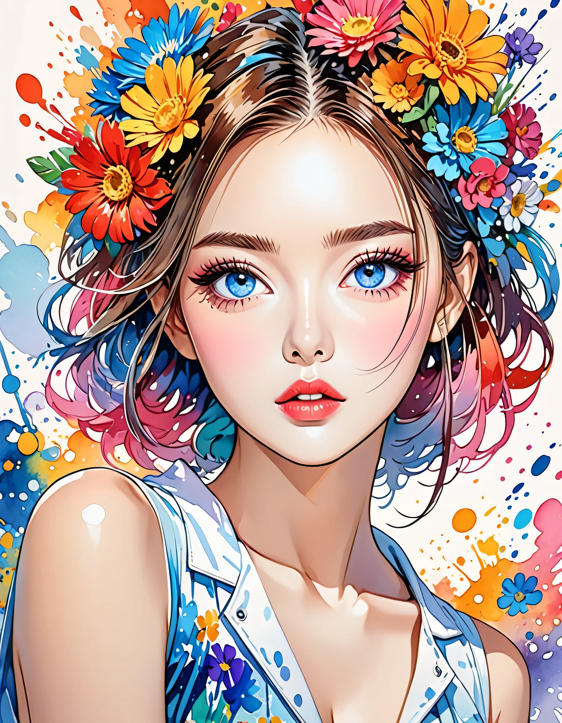 Watase Seizo Style、(((stylish fashion))), 8K Quality、Intense watercolor, Detailed watercolor art, Watercolor splash, Surreal, avant-garde pop art, Beautiful and expressive paintings, Beautiful artwork illustration, Very colorful tones, wonderful, Cool beauty, highest quality、Official Art, Vector art, Stylish design, (((The most beautiful girl))), (((highest quality))), HDR, ((detailed)), (((Doodle Art)), ((masterpiece)), ((Super detailed)), (((Colorful flowers))),(((Stylish)))