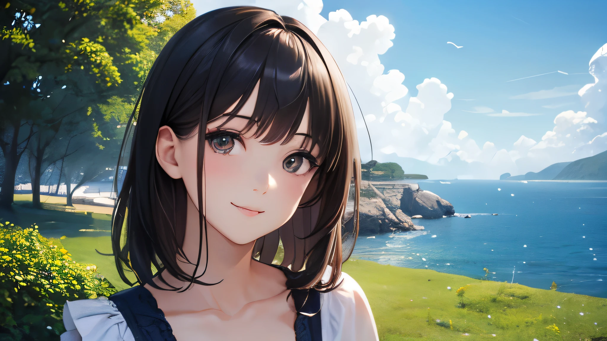 Sparkling ocean and tranquil coastline, Sunny sky with fluffy white clouds, Green trees along the coast々々, Pleasant sea breeze. shape,Young woman with dark hair, smile,Glitter effect,highest quality, 4K, 8k, High resolution, masterpiece:1.2, Very detailed, Realistic:1.37, High resolution, 超High resolution, Studio Lighting, Ultra-fine painting, Sharp focus, Physically Based Rendering, Very detailed explanation, Professional, Vibrant colors, Bokeh, Portraiture, landscape, photograph. Blue dominates the color palette, Natural light scene