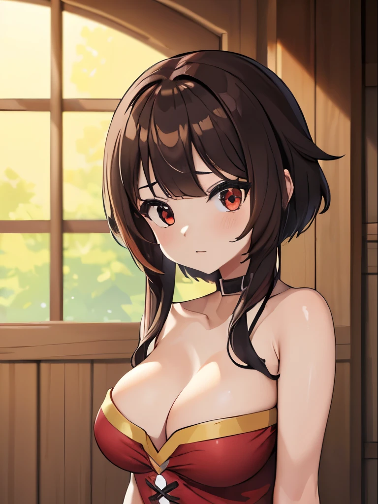 ((4k, obra-prima, best quality)), 1girl (Megumin), Cabelos castanhos claros, cabelos curtos, olhos vermelhos, mediuml breasts, fofo, corar, roupa de banho, summer