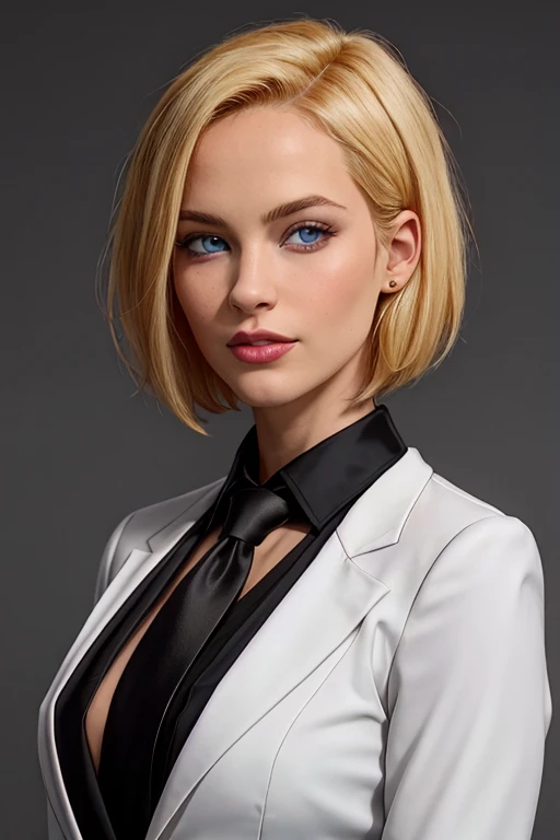 masterpiece, high quality, best quality, realistic, fine detail, formal black suit, black necktie, MIBSuit, white shirt, Black Suit, Black Jacket Coat, Formal Look, large breasts, (muscular female:0.8), portrait, upper body, blank background, Agent L, blue eyes, blonde hair, short hair, bob hair, black suit, black jacket