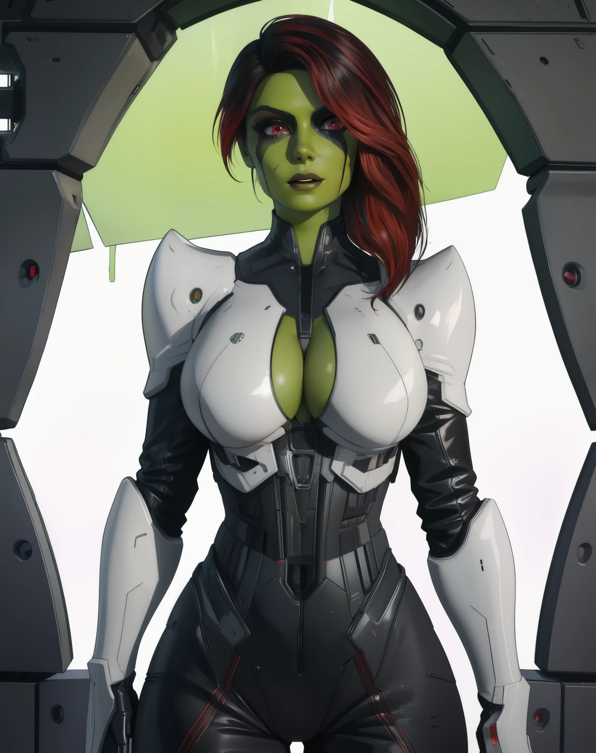 Gamora,green skin,multicolored hair,red eyes, black and white bodysuit,armor,white white gloves,  cleavage, 
standing,upper body,hips,(smile:0.8), 
alien planet,(insanely detailed, beautiful detailed face,beautiful detailed eyes, masterpiece, best quality), 