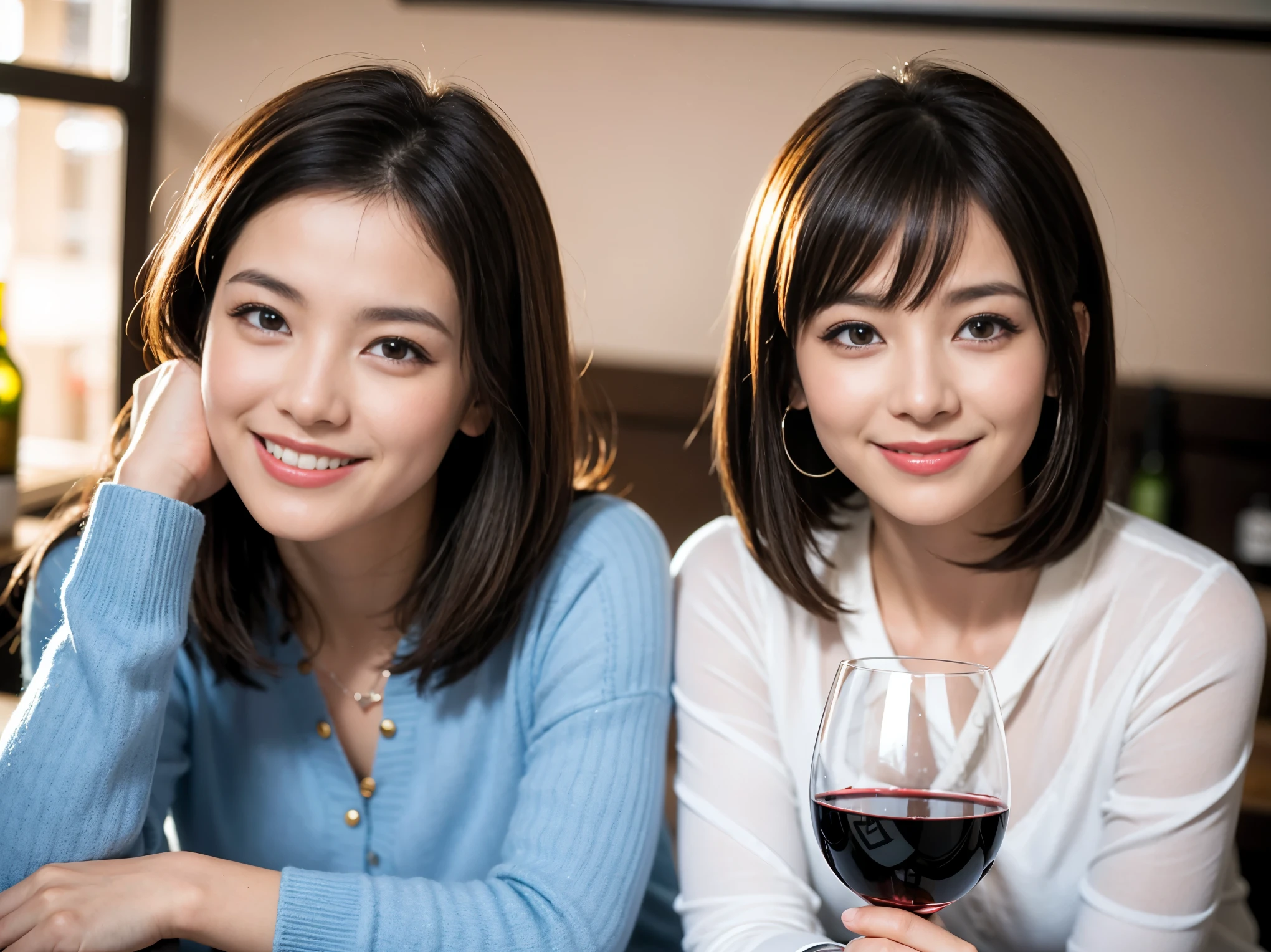 ((highest quality、8k、masterpiece:1.3))、1 male、1 female、Couple、Spouse、石原さとみ似美女Couple、The body is slim、((Bob Hale、Straight hair:1.2)), (Realistic, Intricate details:1.2), テーブルの上のwine glass、Shine light on your face、 Amazing view of the sunset sky and clouds、Amazing mountain views、A bright smile、The wonderfulness of smile、Bright image、The beauty of wine, Beautiful Face, blue eyes, The light shines on your face, Blushing, short hair,Bright Face、 (Age 35), 39 years old, red wine 、Appetizers、Italian food、Wine bottle、Champagne、sparkling wine、Two beauties、Brown Hair、Shortcuts、Long sleeve shirt、dress、Pretty Woman 1, (slimな顔), (The body is slim), (Brown Hair), (Shortcuts), cheeks turn a little red,Attractive beauty、restaurant, In a prominent place (From the waist up) Nova Frog Style, actress, model, Upper Body, White wine, slim, wine glass, 中央に置かれたwine glass, smile, (smile: 1.15), Beautiful fine grain, Depth f/2,saturation, High Contrast, Strong light and shadow,Moist Body:1.5、3D texture、Delicate eyes、Brown Hair、The hair is very shiny、