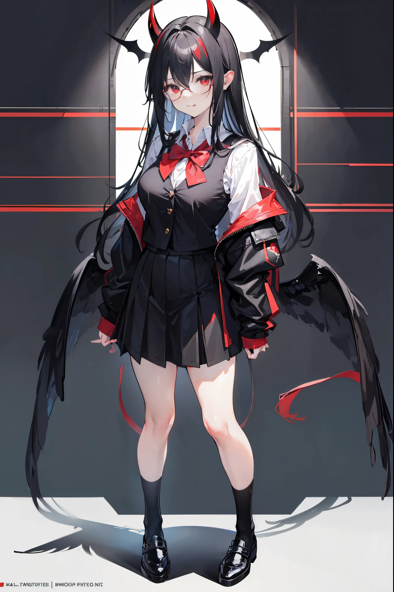 "anime girl, 1 person, black hair, shoulder length hair, red eyes, glasses,((with white horns)),black crow wings behind, female school uniform, adult girl, shirt, short black vest  outside, big breasts, long black stockings, leather shoes, lewd face, licking lips, standing cross-legged,((full body,))viewed from different directions, classroom,(full HD 4K+ image)"
