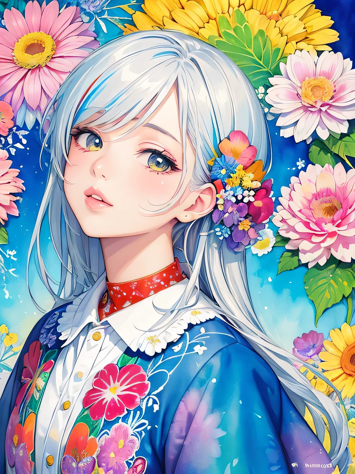 Watase Seizo style、(((stylish fashion))), 8K Quality、Intense watercolor, Detailed watercolor art, Watercolor splash, Surreal, avant-garde pop art, Beautiful and expressive paintings, Beautiful artwork illustration, Very colorful tones, wonderful, Cool beauty, highest quality、Official Art, Vector art, Stylish design, (((The most beautiful girl))), (((highest quality))), HDR, ((detailed)), (((Doodle Art)), ((masterpiece)), ((Super detailed)), (((Colorful flowers))),(((Stylish))), Lips in Love